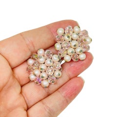 JAPAN signiert Vintage Silber Ton rosa ab Kristall Perlen Cluster Clip auf Ohrringe