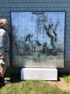 Japan Silver Leaf Two-Panel Screen Three Grazing Horses, Taisho Period