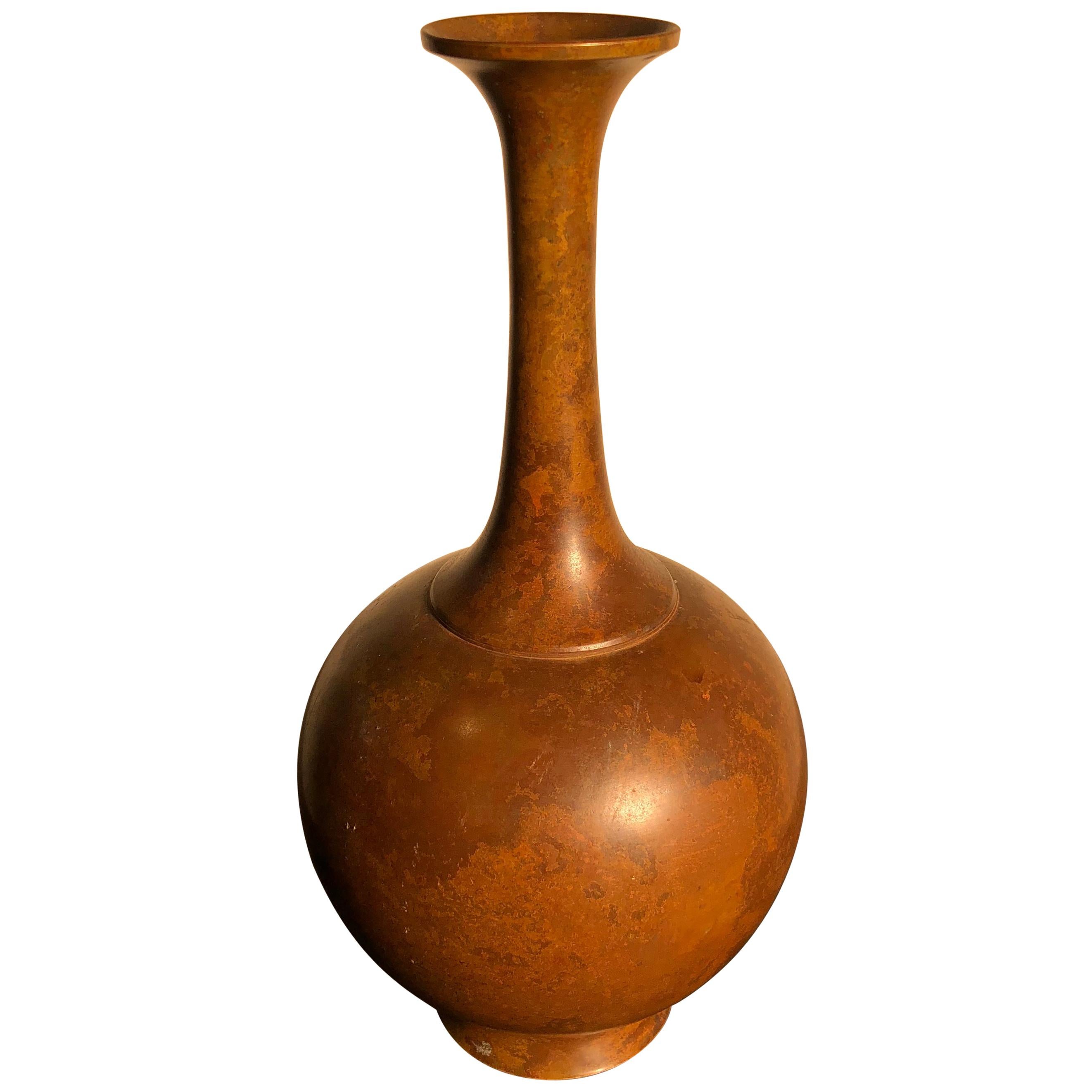 Japan Simple Antique Flower Bronze Bud Vase, Murashido Finish, Signed