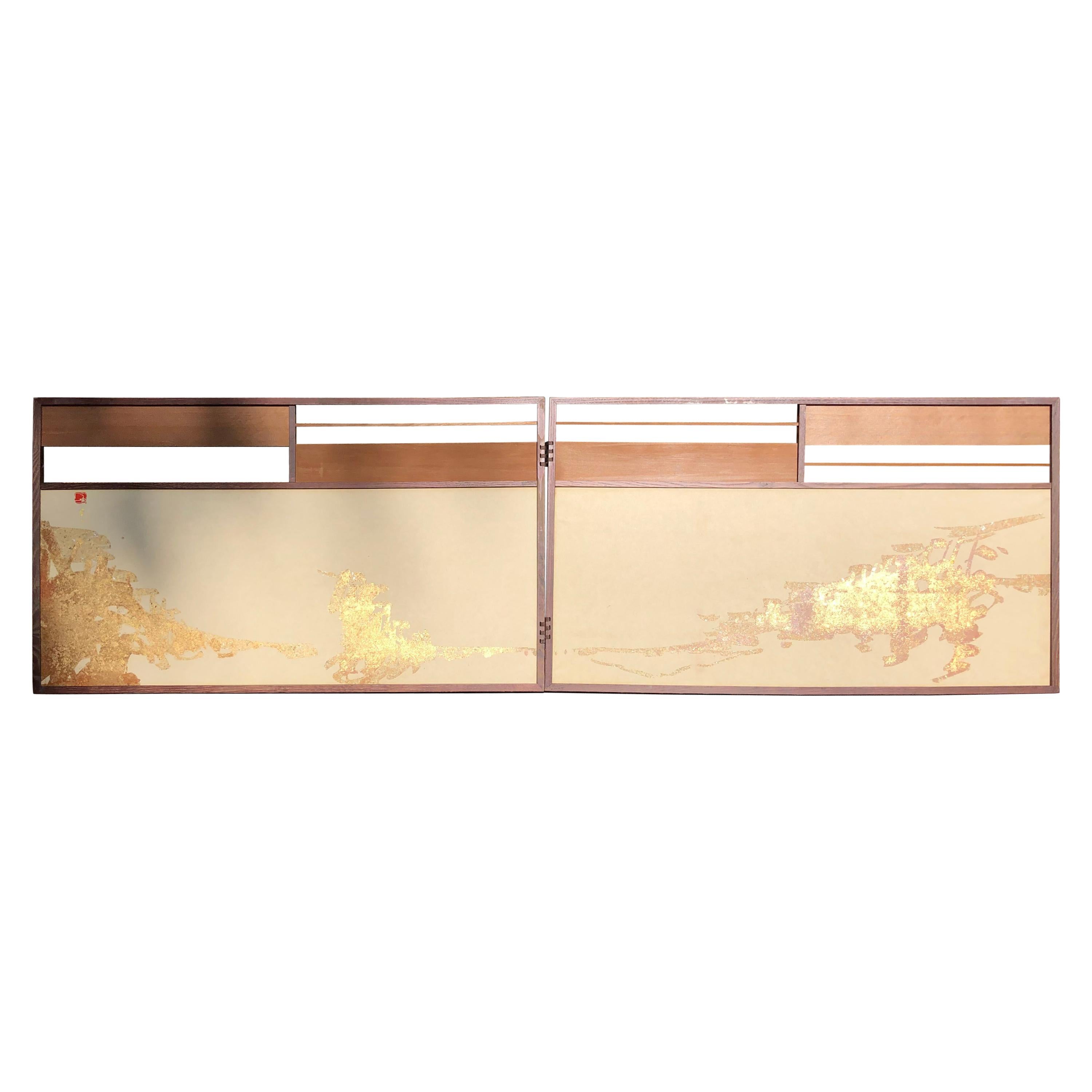 Japan Small Gold Folding Two-Panel Tea Screen "Contemporary Mountainside"