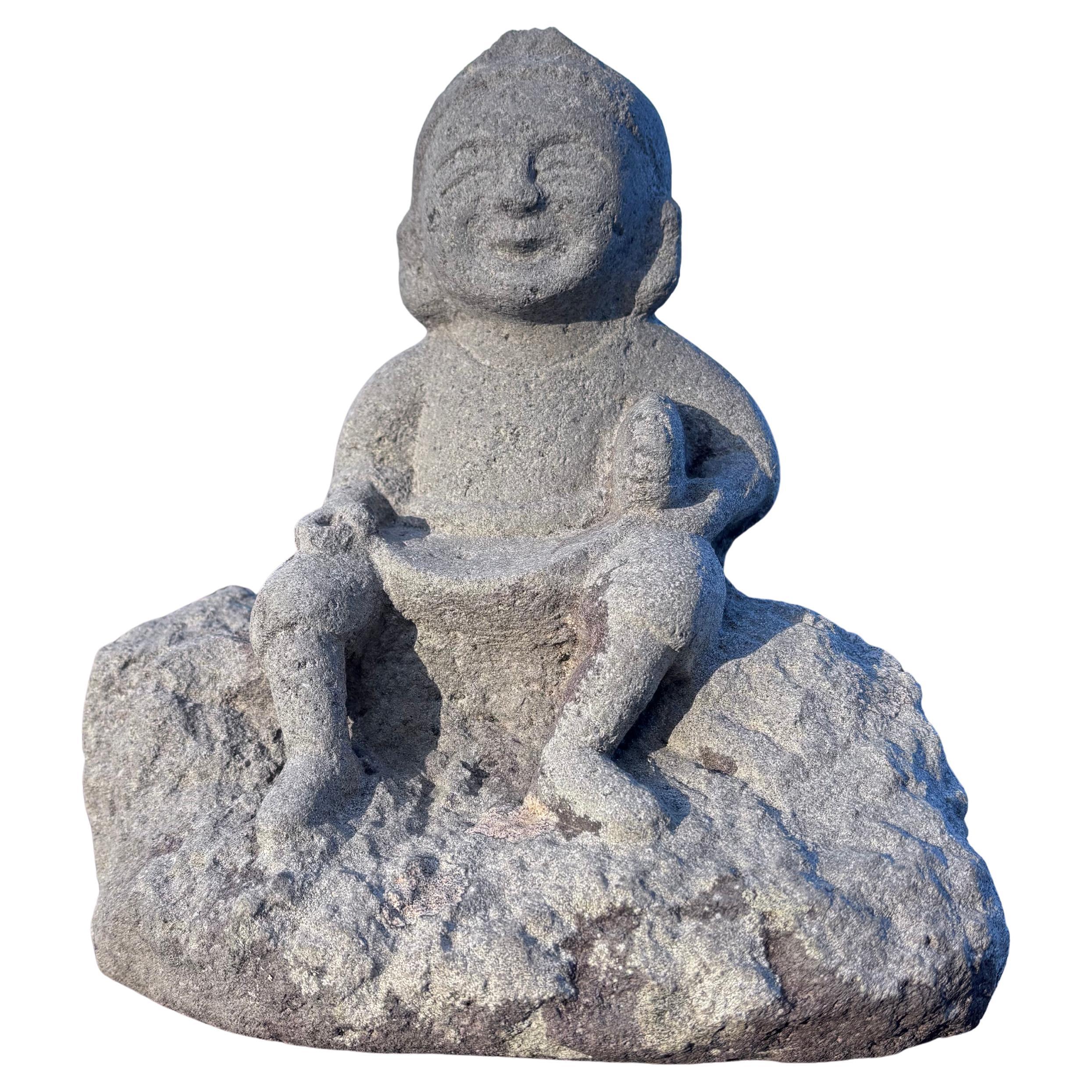 Japón Ebisu Sonriente -Escultura de Piedra de Jardín Efigie del Dios de la Prosperidad Japonés en venta