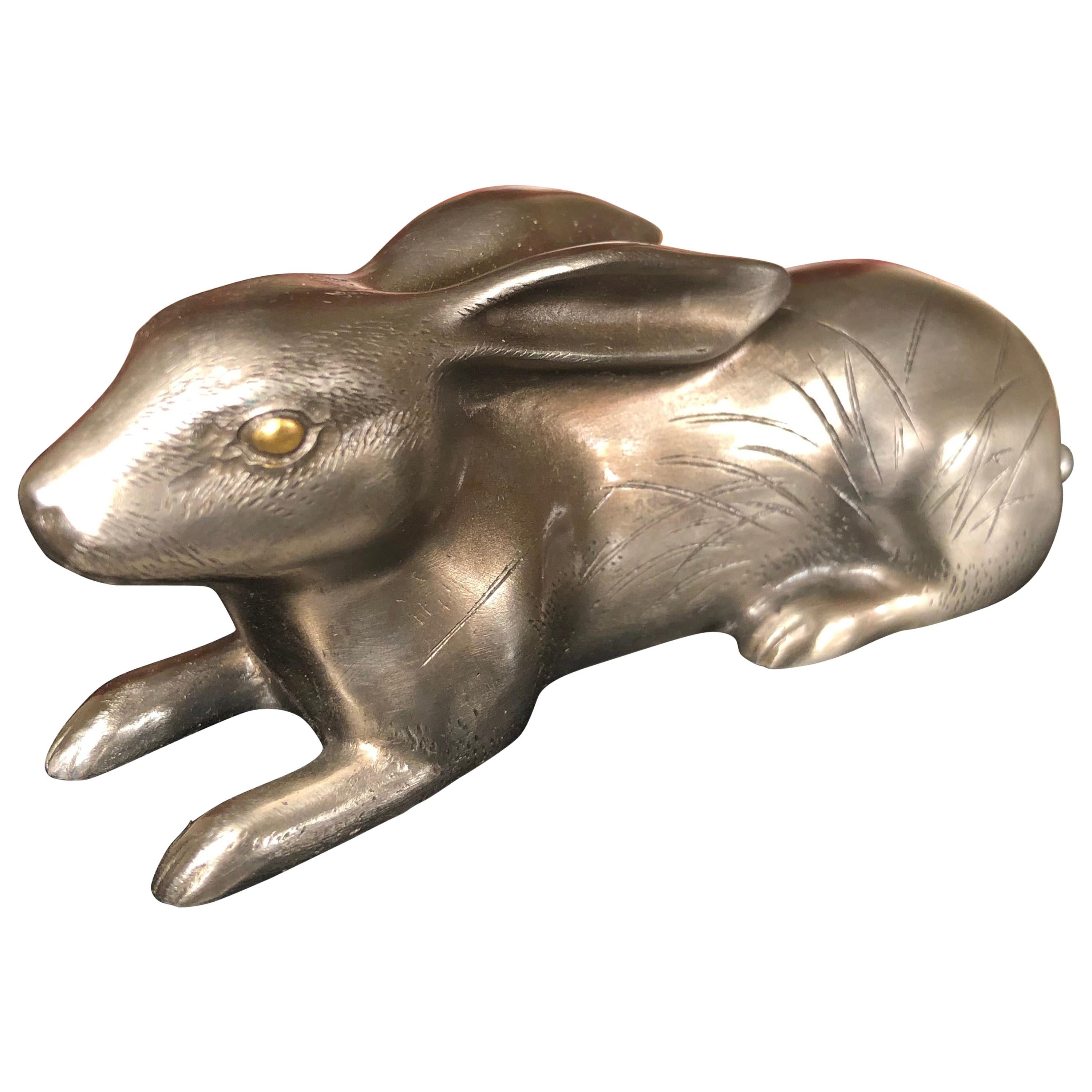 Japan Special Silver Bronze Rabbit Collectible Gold Eyes 
Floral Engraved Body