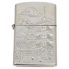 Japan Sterling Silver Pagoda Mt Fuji Lighter Case #21301