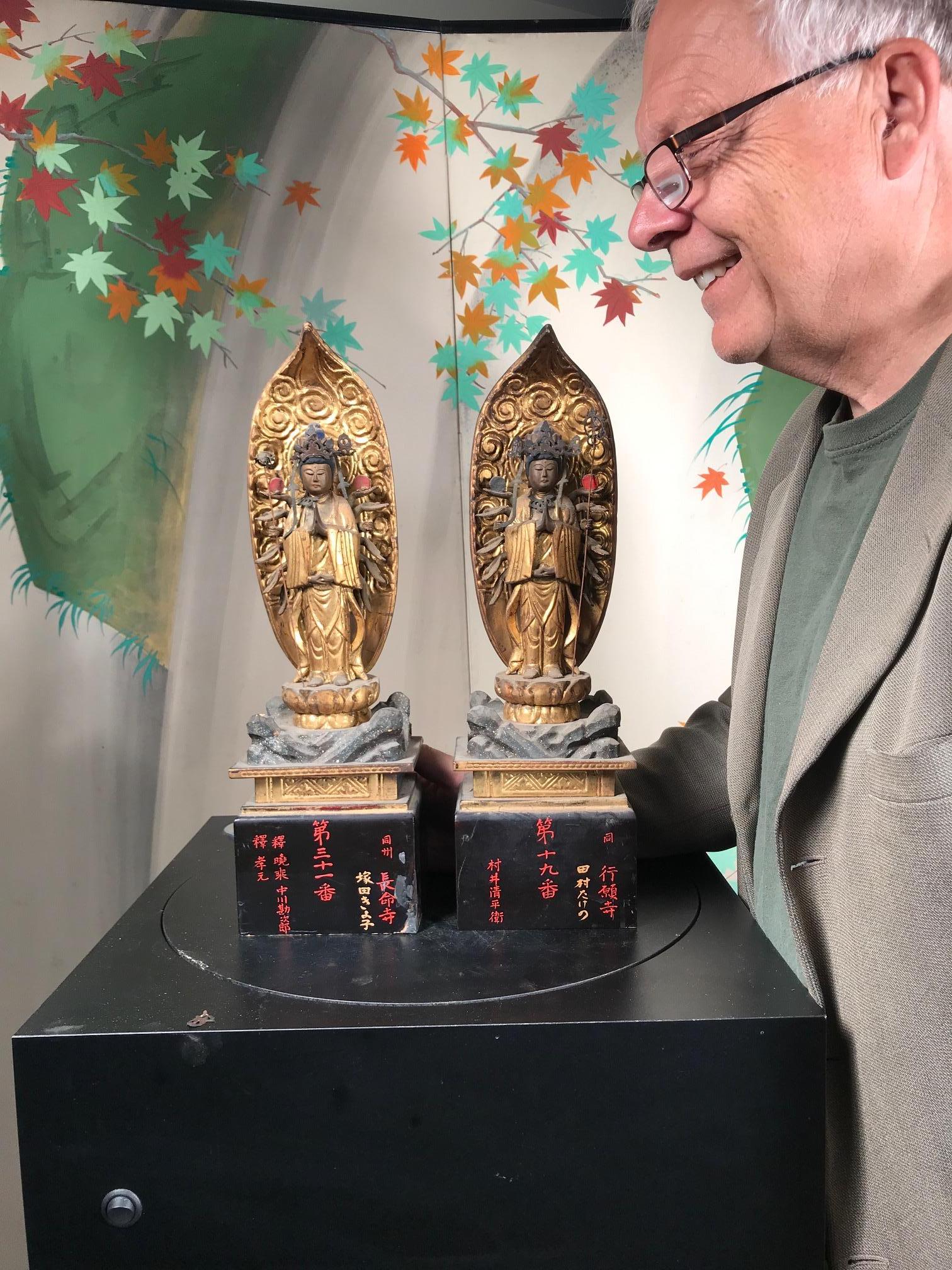 This is a scarce pair of heavenly Japanese temple finds: gold gilt and lacquered wooden crowned Kanons (Guan yin) standing with hands clasped in admiration and prayer mudra which symbolically signify compassion and healing powers. 

They are