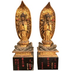 Antique Japan Superb Pair of Gold Giltwood Guan Yin Kanons, Admiration & Prayer, Signed