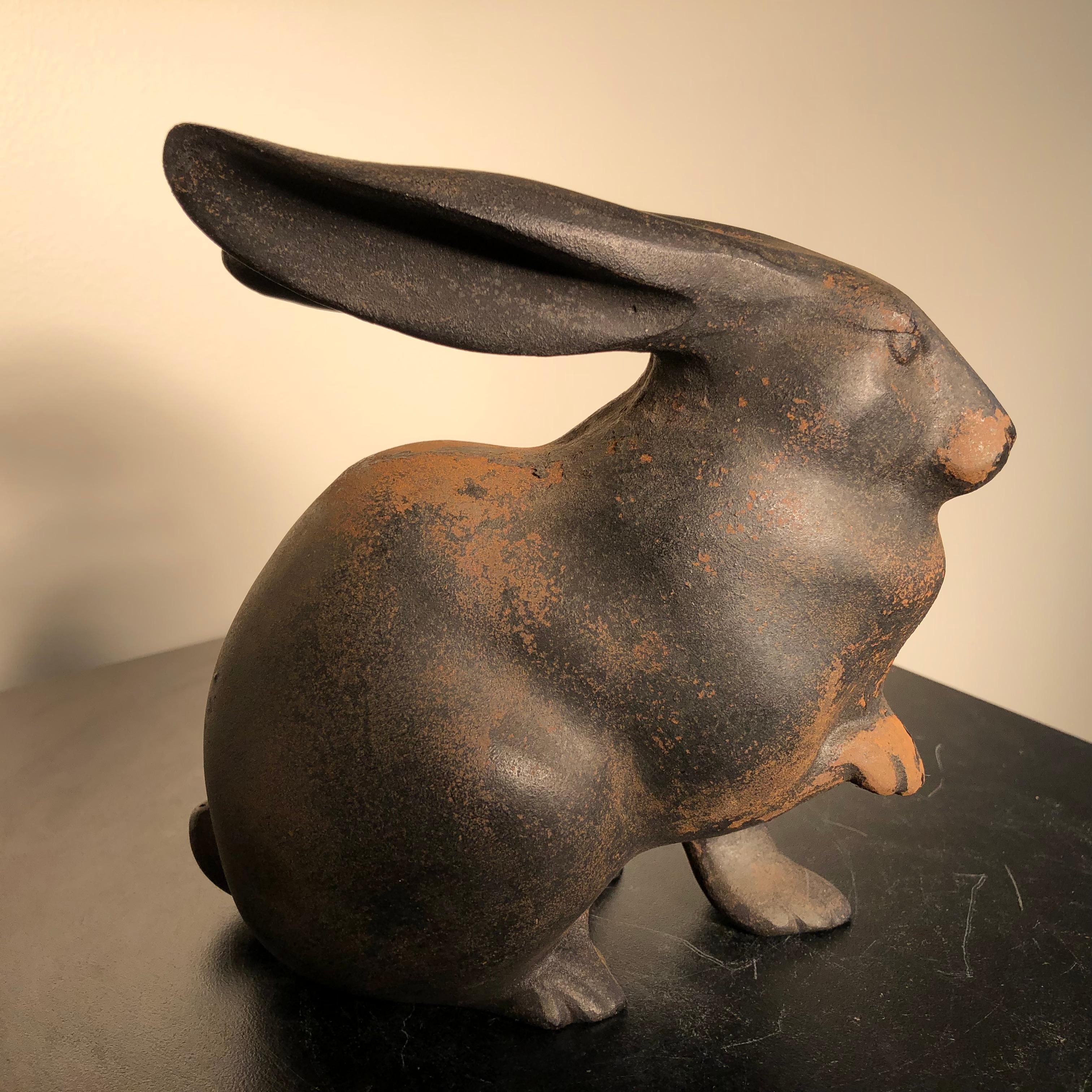 Taisho Japan Tall Elegant Antique Bronze Rabbit Usagi Unusual Paw, Well Sculpted & Box
