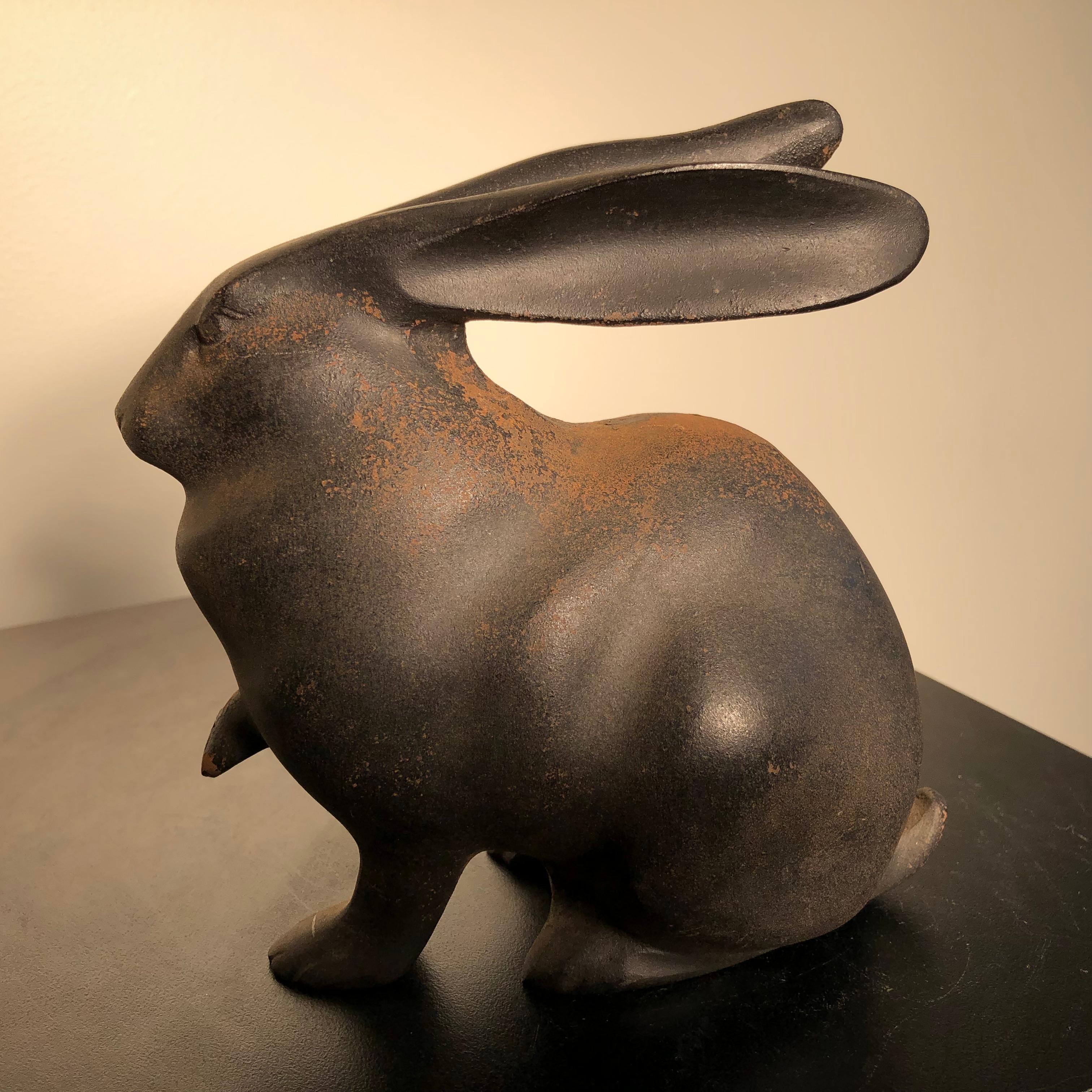 Japan Tall Elegant Antique Bronze Rabbit Usagi Unusual Paw, Well Sculpted & Box In Good Condition In South Burlington, VT