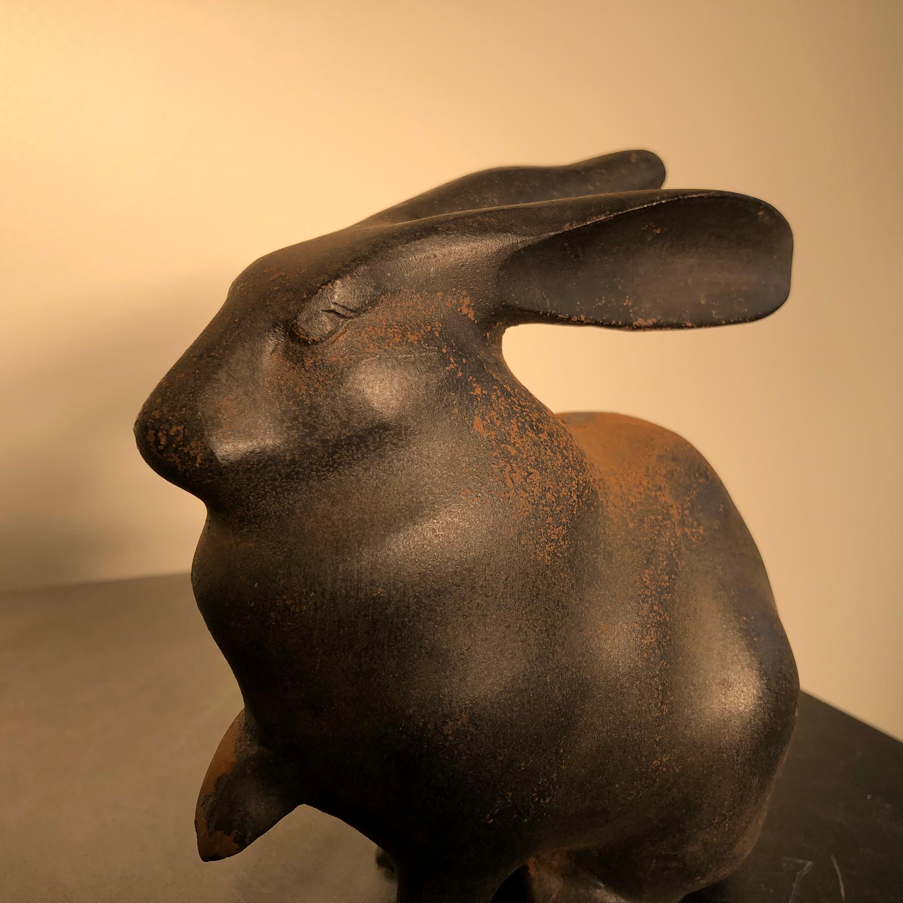 20th Century Japan Tall Elegant Antique Bronze Rabbit Usagi Unusual Paw, Well Sculpted & Box