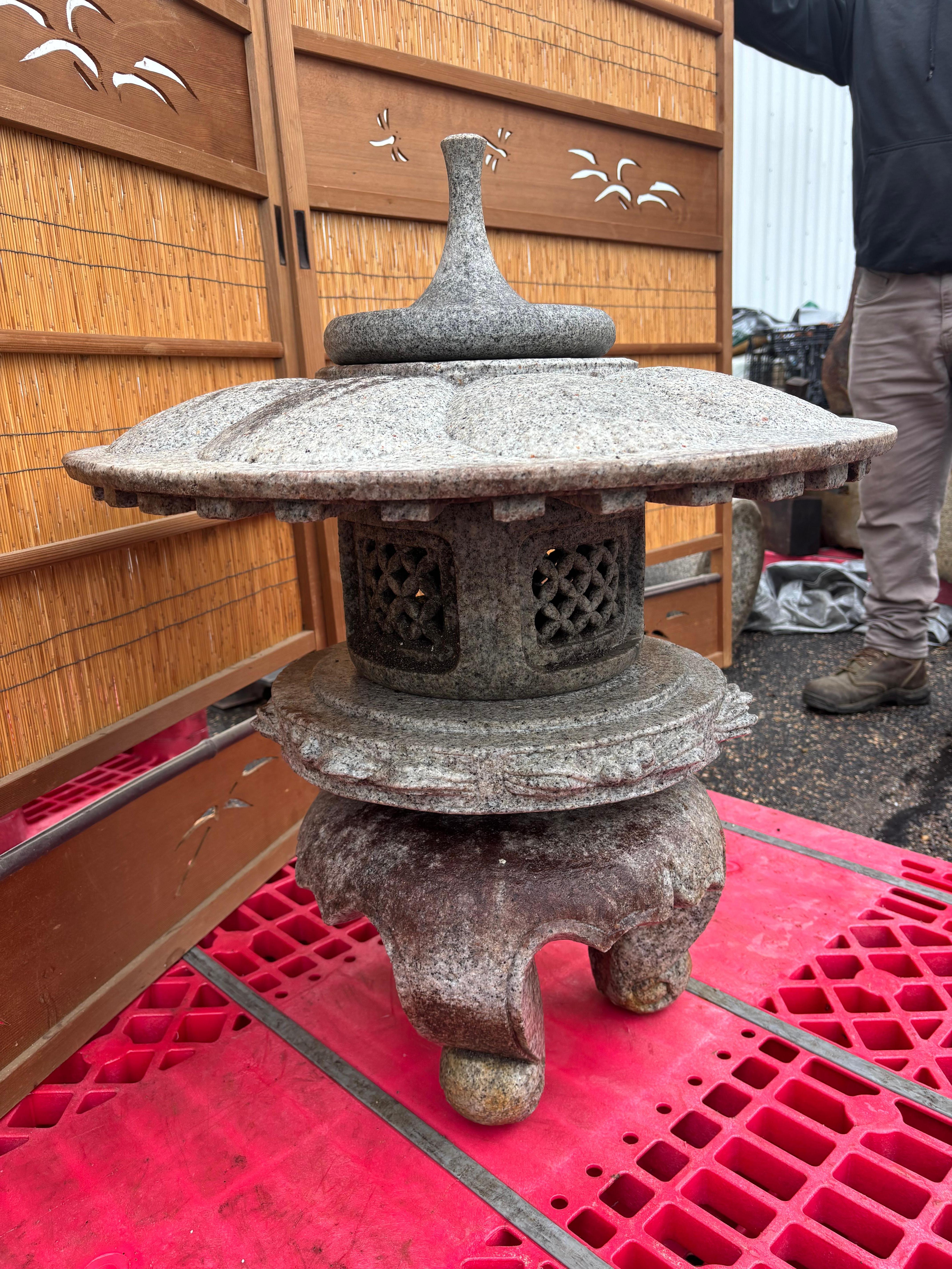 Japan Tall Granite Stone Round Top Yukimi Lantern With Special Trellis Carvings For Sale 3