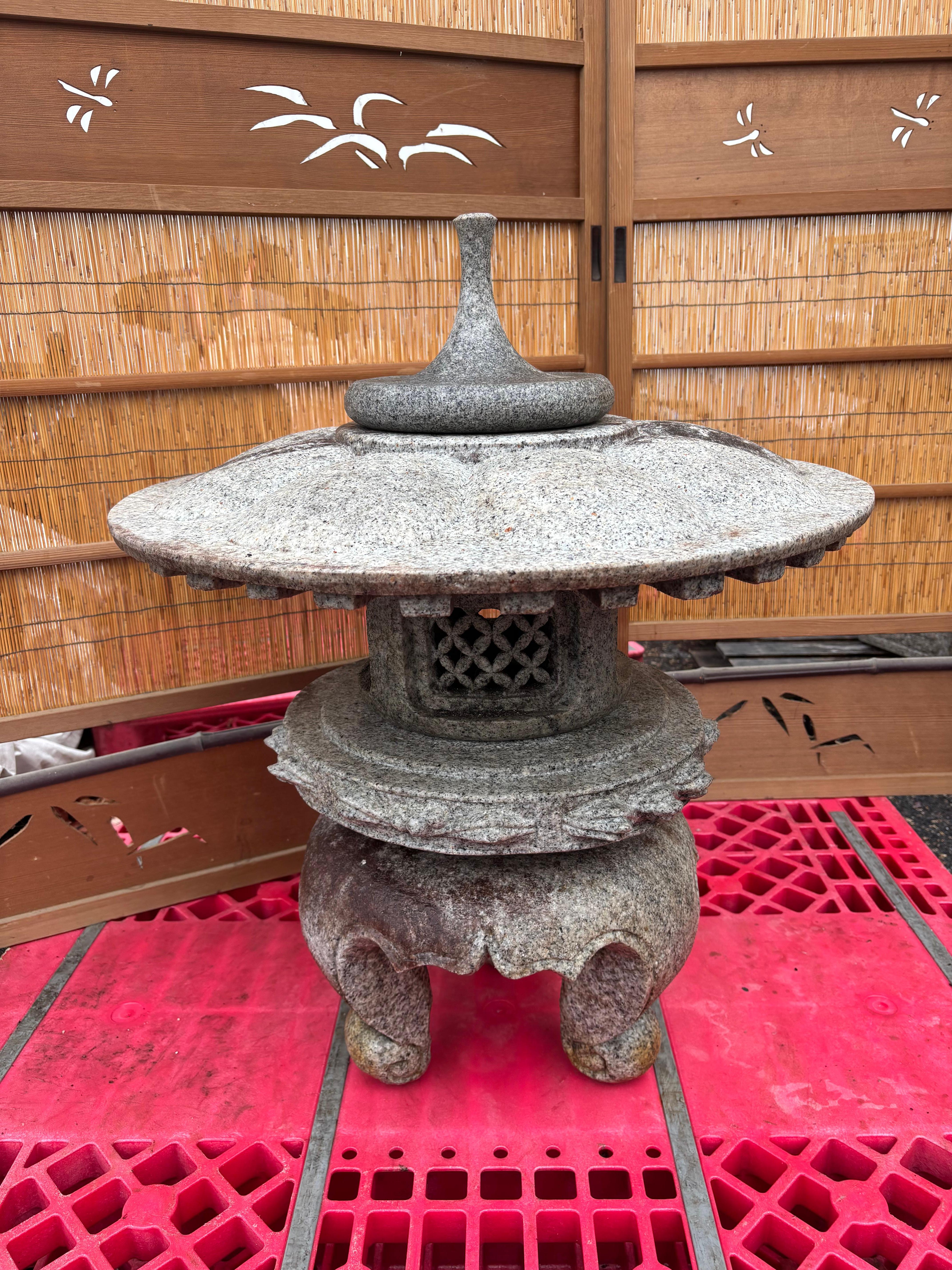 Japan Tall Granite Stone Round Top Yukimi Lantern With Special Trellis Carvings For Sale 4