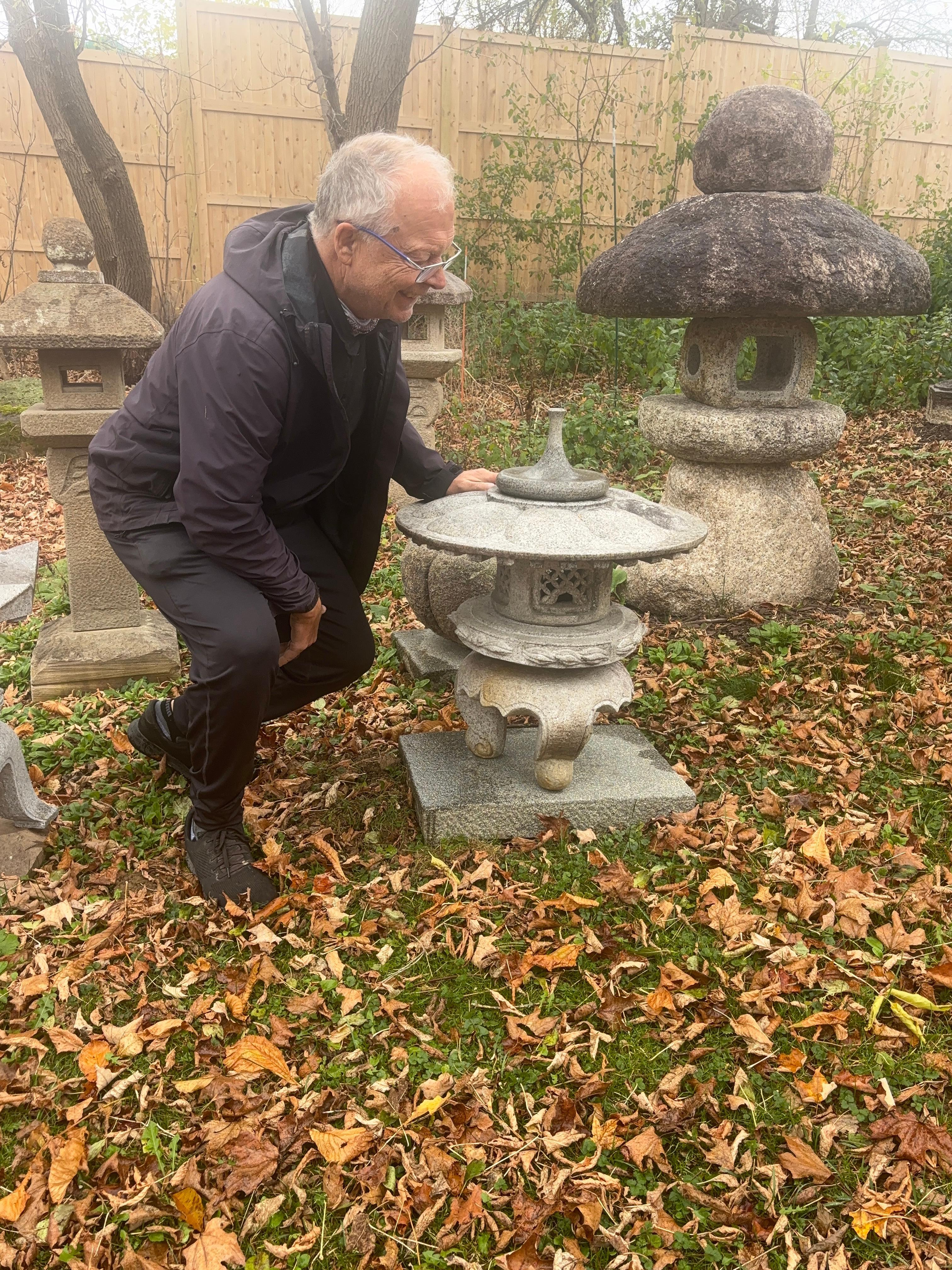 One of our most beautiful Yukimi solid granite stone lanterns in a classic exaggerated round top style, portable and convenient size 28