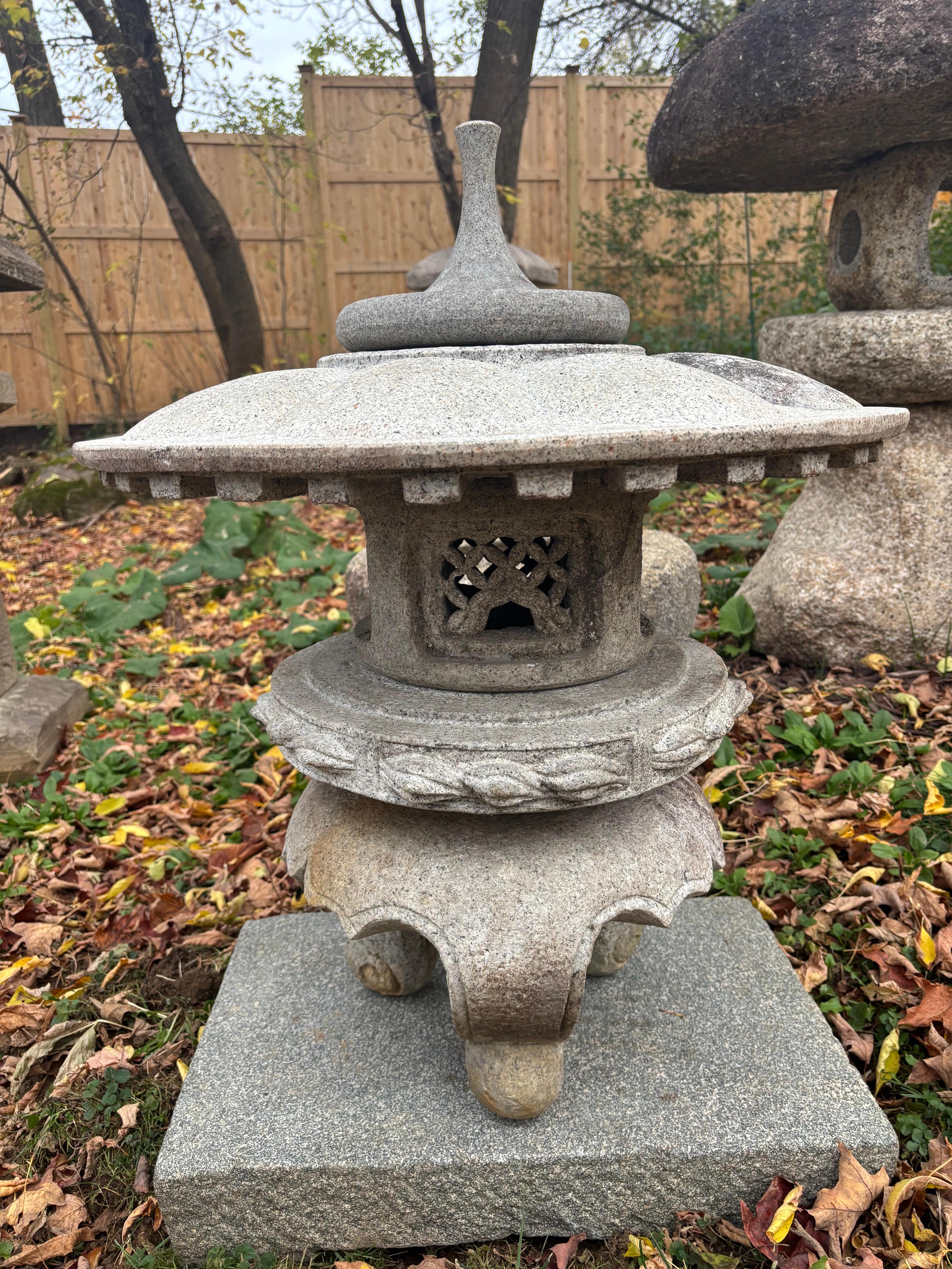Showa Japan Tall Granite Stone Round Top Yukimi Lantern With Special Trellis Carvings For Sale