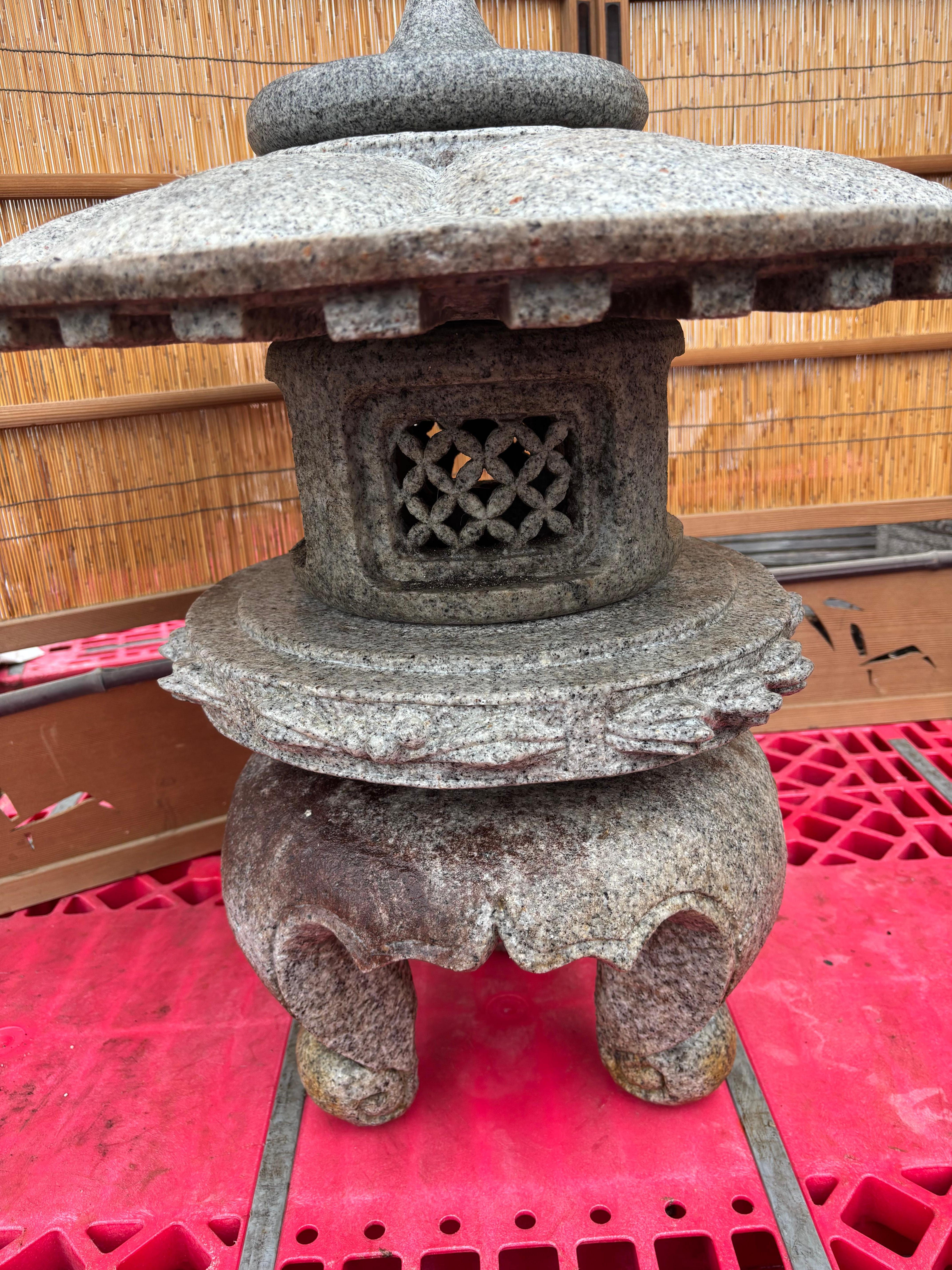Japanese Japan Tall Granite Stone Round Top Yukimi Lantern With Special Trellis Carvings For Sale