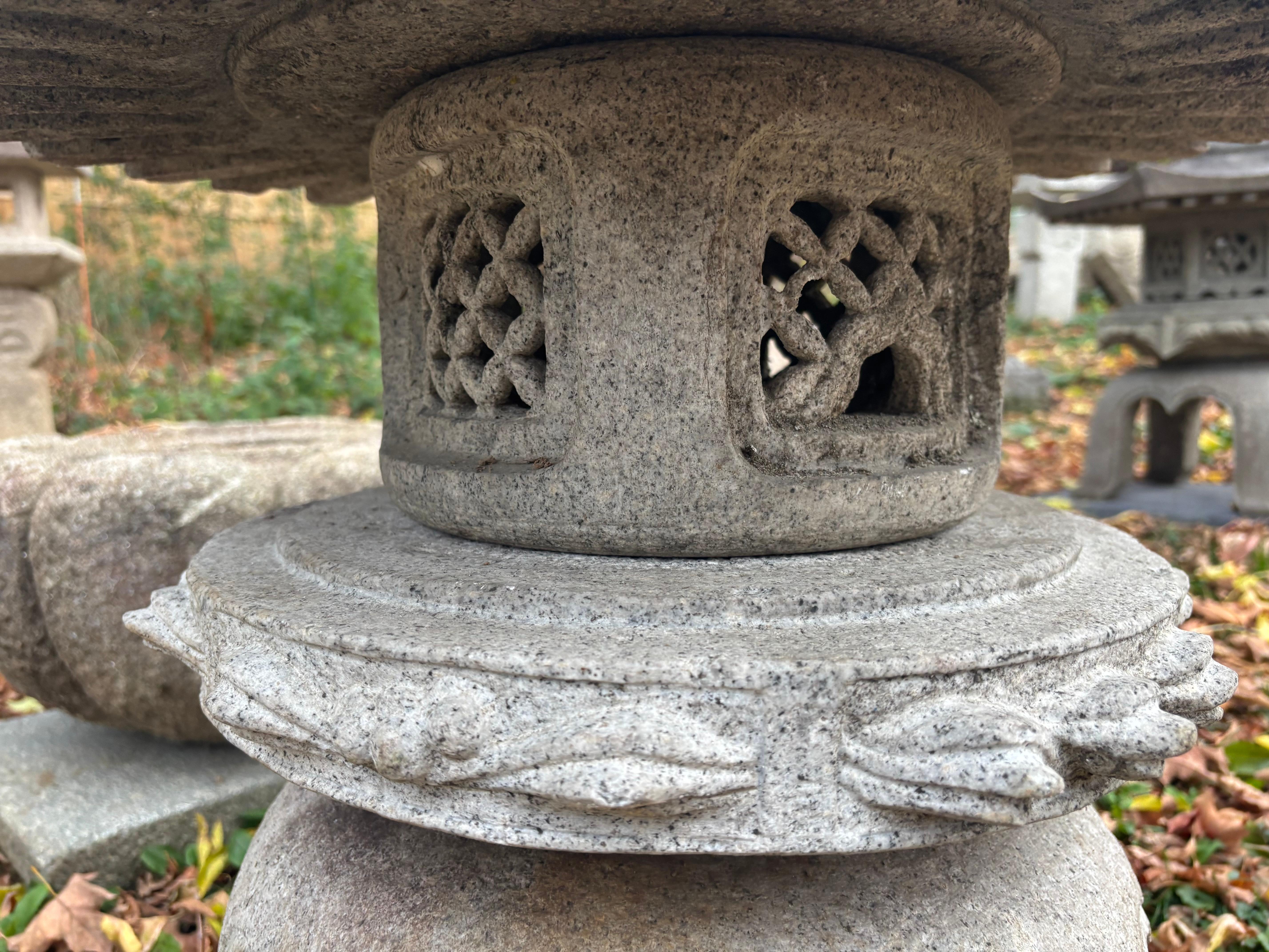 Hand-Crafted Japan Tall Granite Stone Round Top Yukimi Lantern With Special Trellis Carvings For Sale