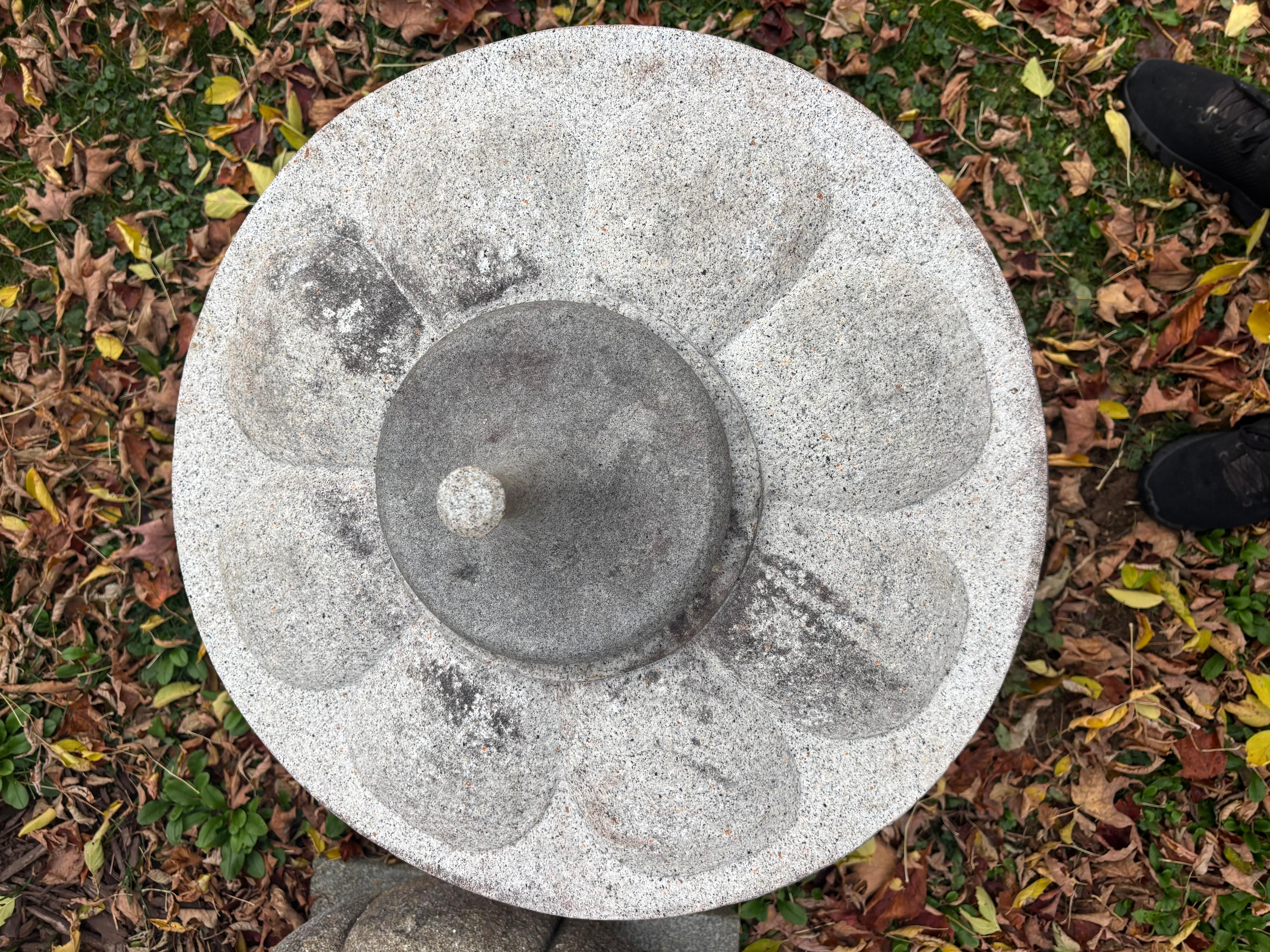 Japan Tall Granite Stone Round Top Yukimi Lantern With Special Trellis Carvings In Good Condition For Sale In South Burlington, VT