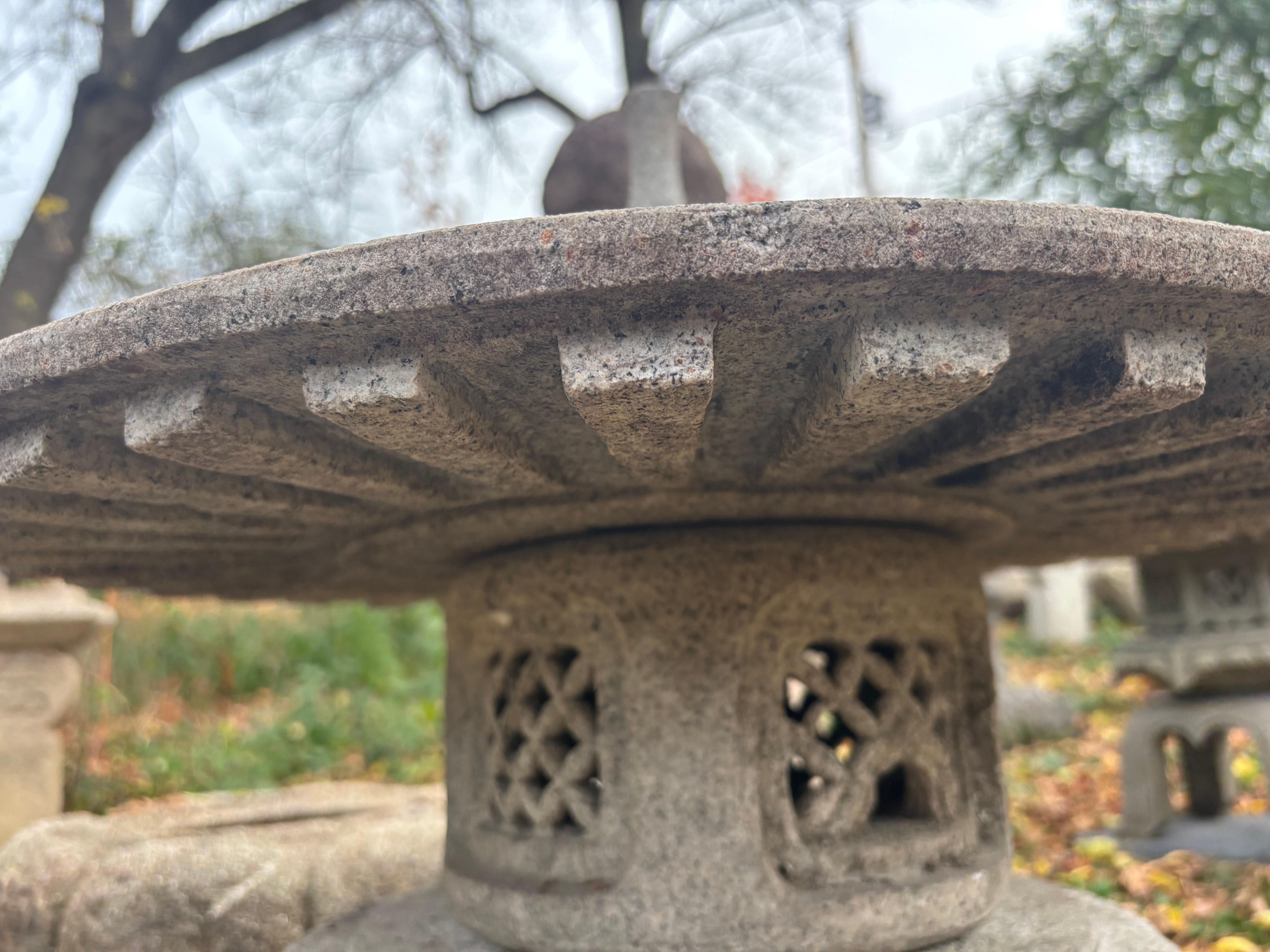20th Century Japan Tall Granite Stone Round Top Yukimi Lantern With Special Trellis Carvings For Sale