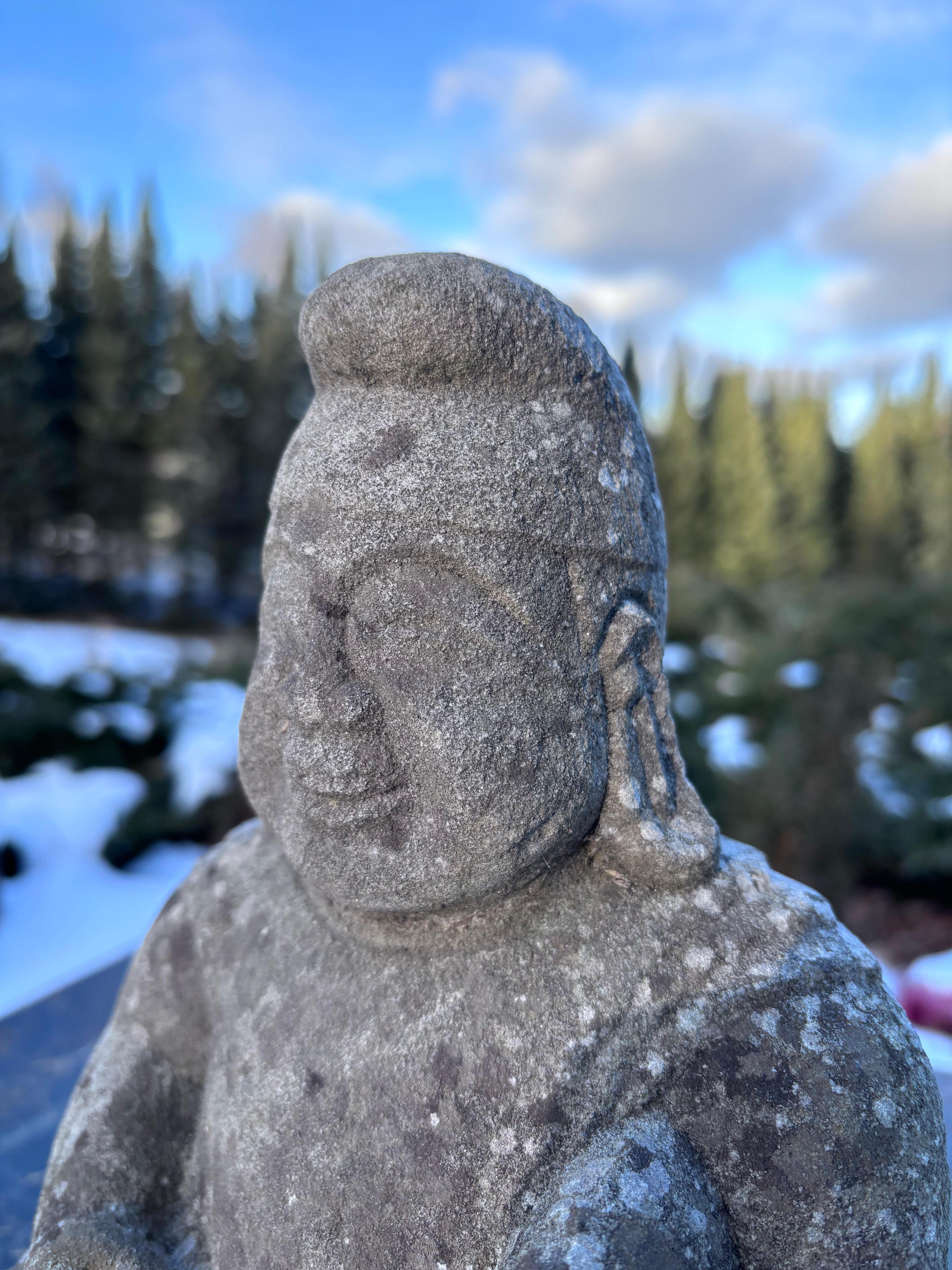 Japan  Tall Hand-Carved Garden Stone Effigy of Smiling Ebisu God of Prosperity For Sale 4