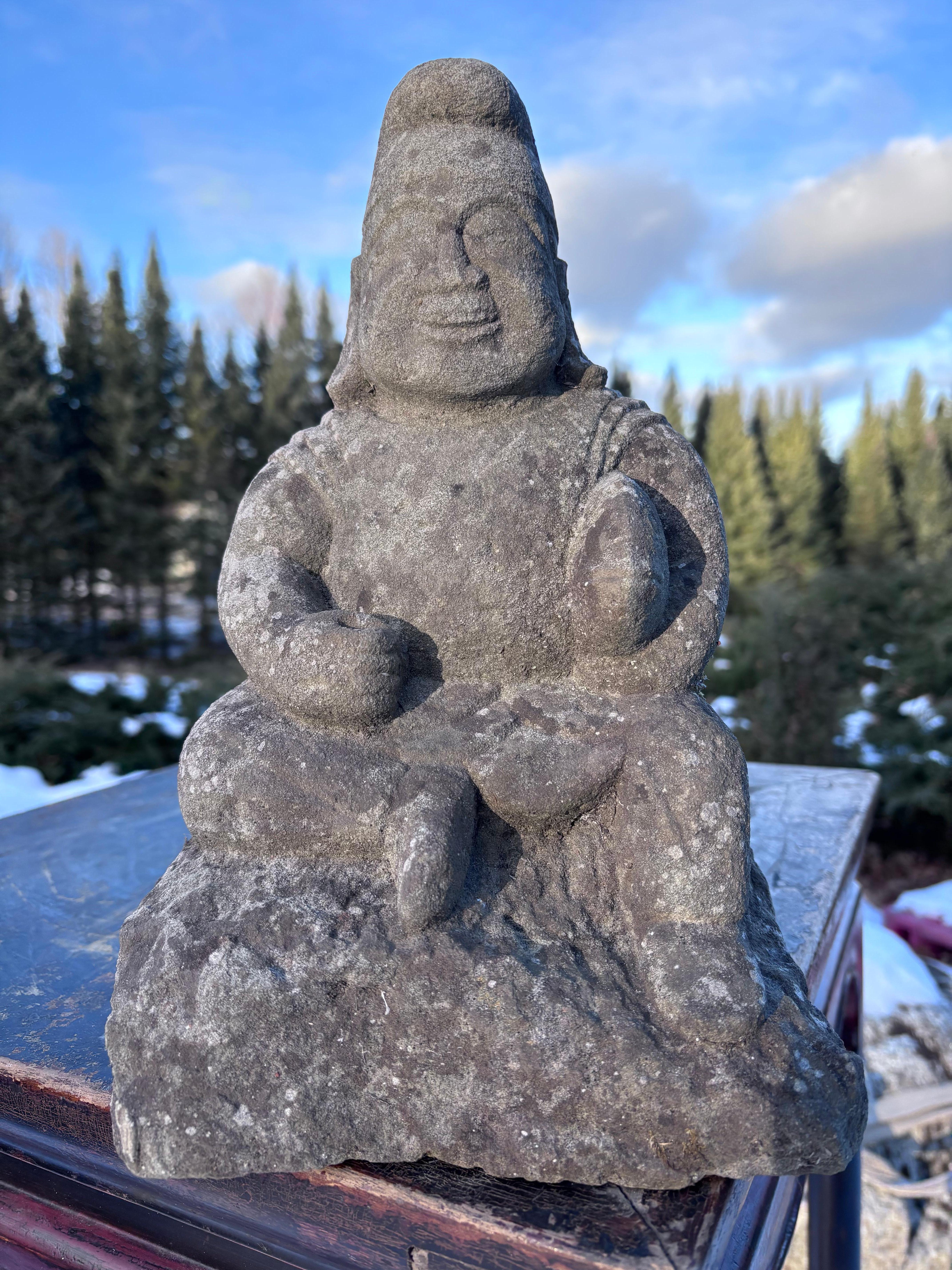 Japanese Japan  Tall Hand-Carved Garden Stone Effigy of Smiling Ebisu God of Prosperity For Sale
