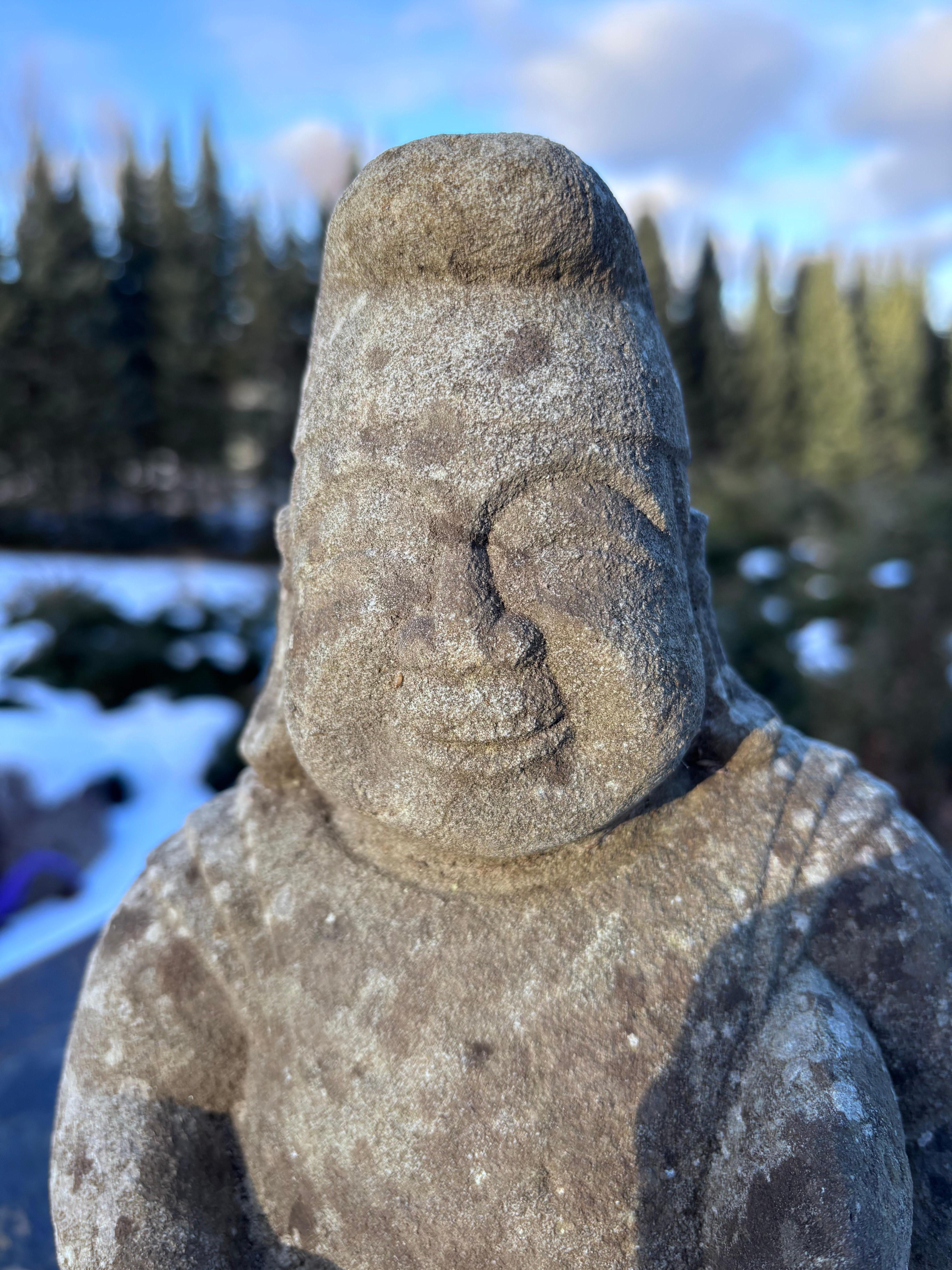 Japan  Tall Hand-Carved Garden Stone Effigy of Smiling Ebisu God of Prosperity In Good Condition For Sale In South Burlington, VT