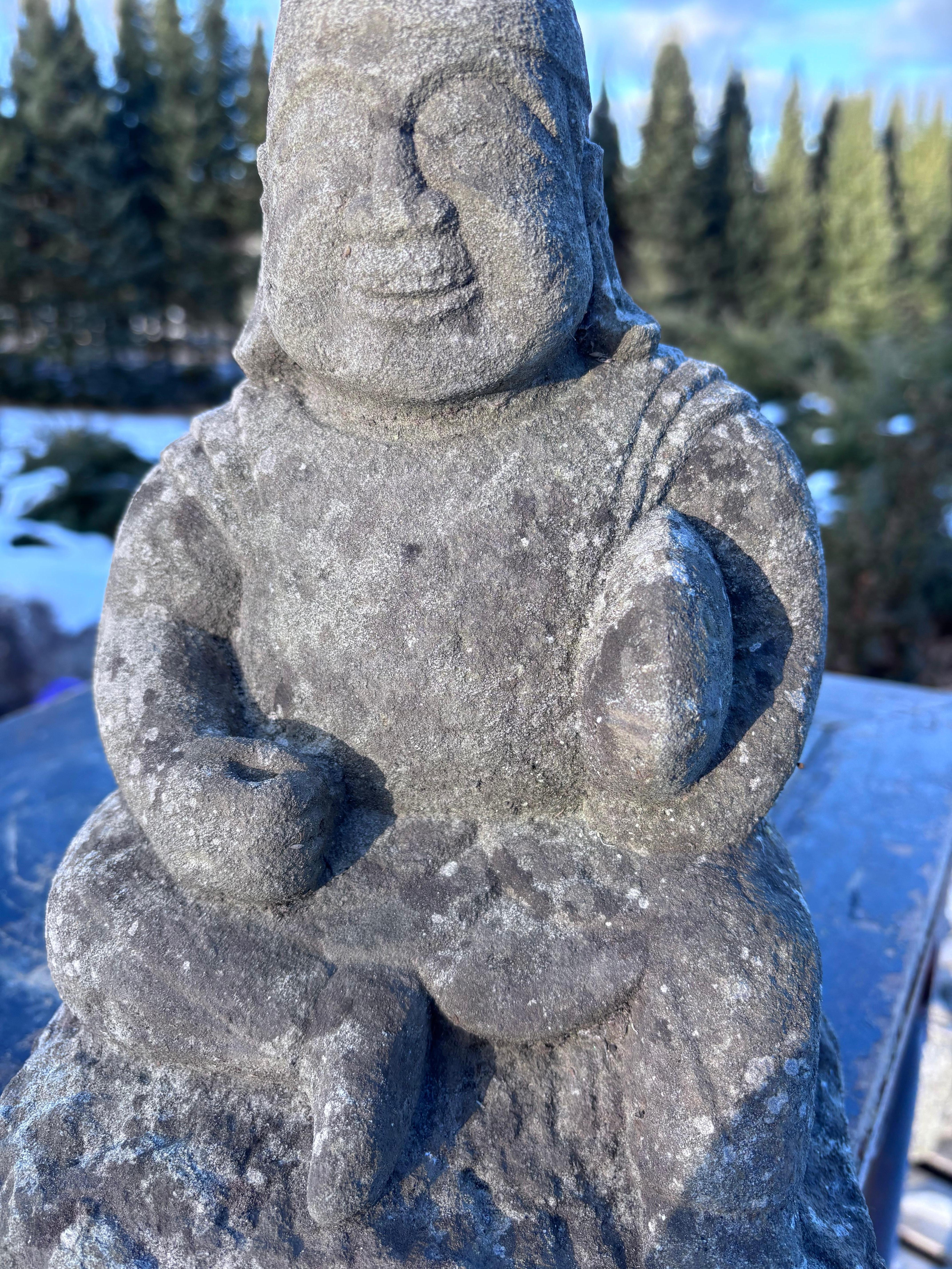 20th Century Japan  Tall Hand-Carved Garden Stone Effigy of Smiling Ebisu God of Prosperity For Sale