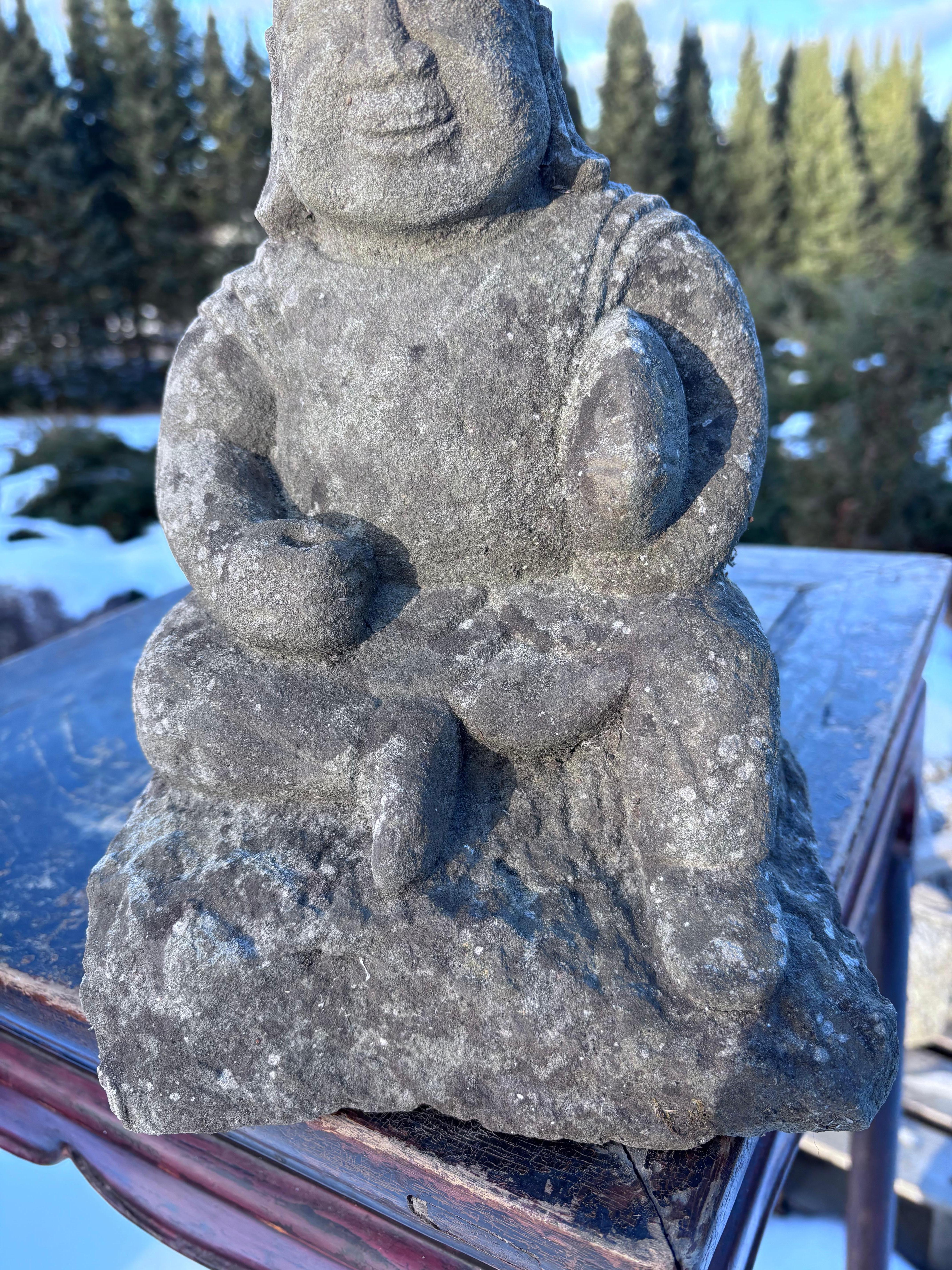 Japan  Tall Hand-Carved Garden Stone Effigy of Smiling Ebisu God of Prosperity For Sale 1