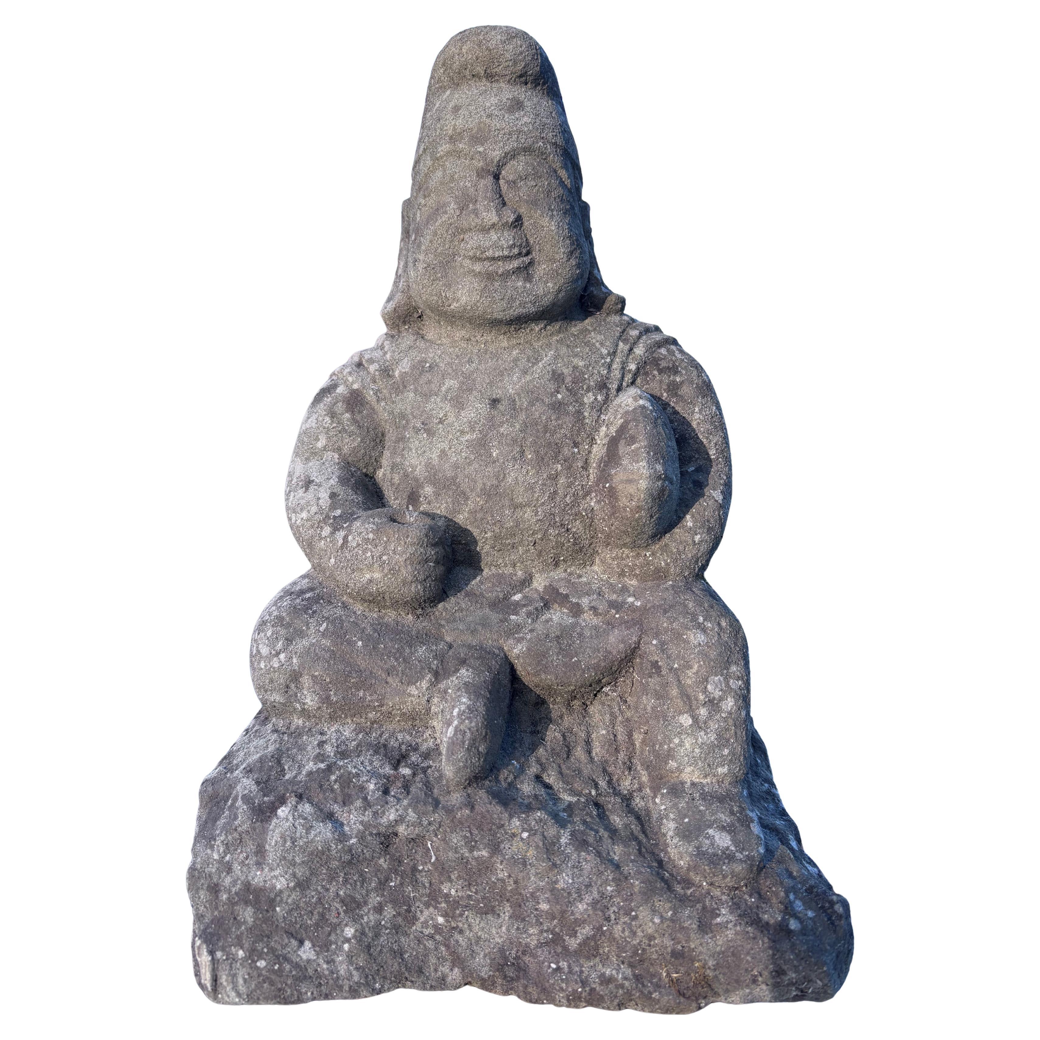 Japan  Tall Hand-Carved Garden Stone Effigy of Smiling Ebisu God of Prosperity