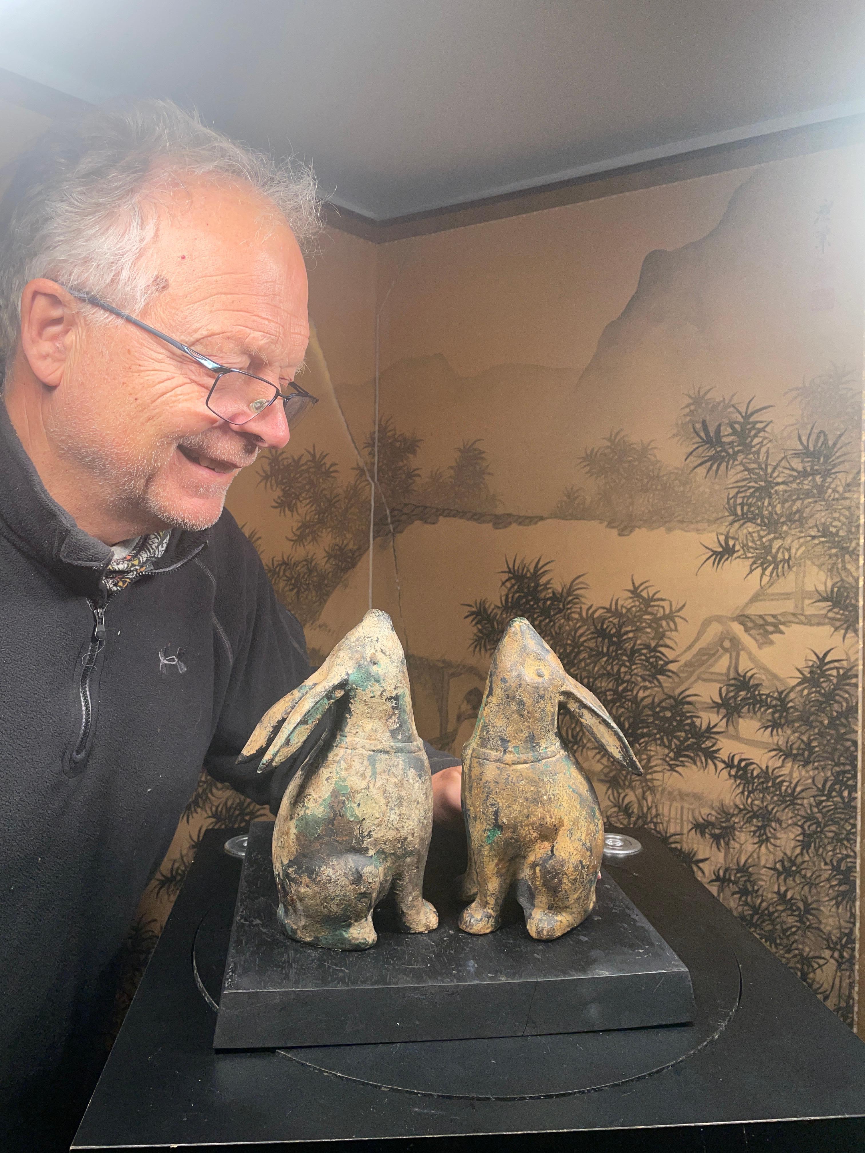 For your special garden spot - rare pair Moon Gazing Rabbits from Japan! 

This is a hard to find pair (2) of solid and finely cast effigies of tall 