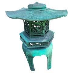 Japan Tall Old Antique Blue Bronze Lantern with Beautiful Flower Details, 34"