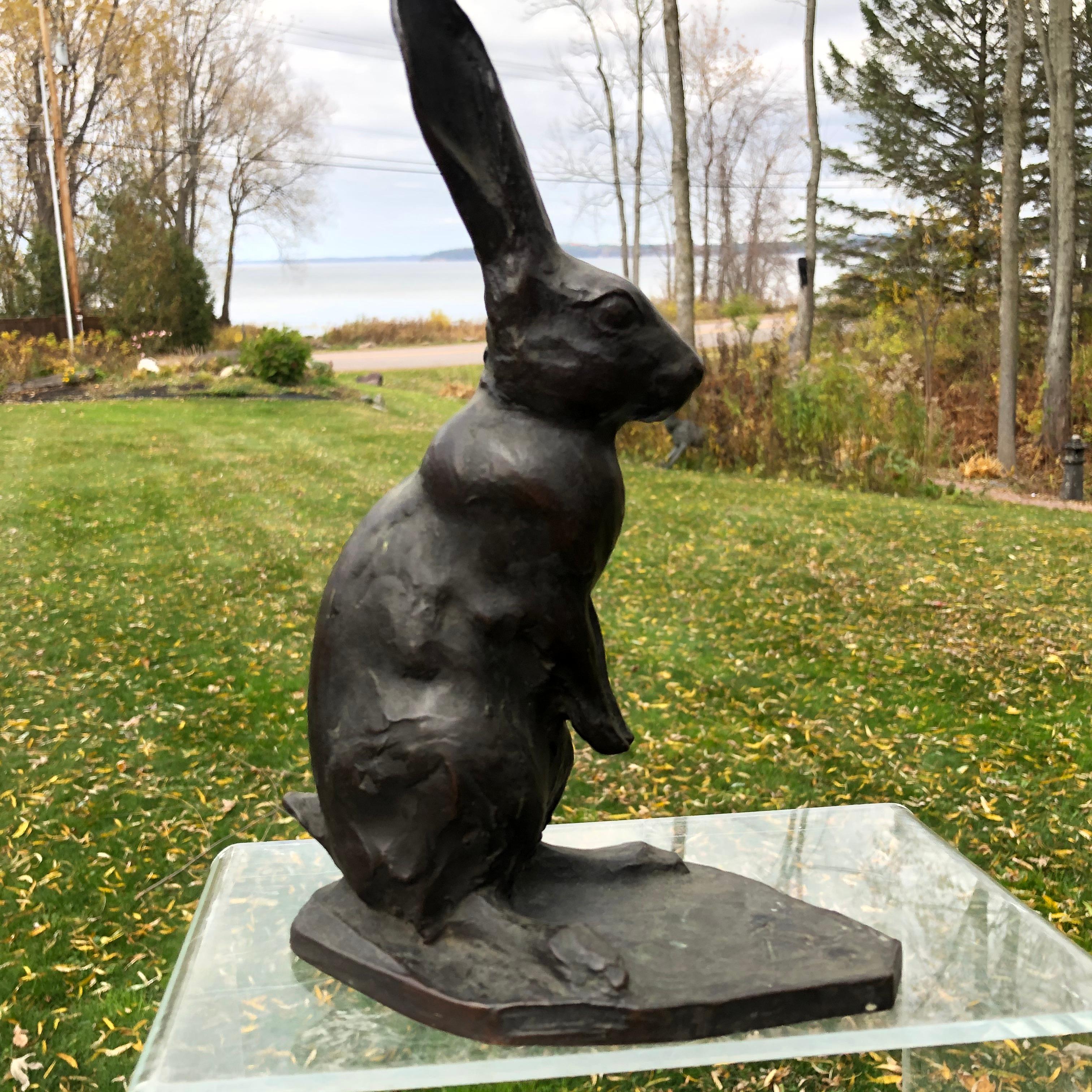 Japan Tall Old Bronze Rabbit With Chocolate Patina & Fine Details, Signed In Good Condition In South Burlington, VT