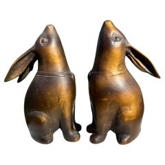 Japan Tall Pair Bronze "Moon Gazing" Rabbits, Hard to Find Mint Condition