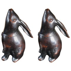 Japan Tall Pair of Bronze "Moon Gazing" Rabbits, Hard to Find