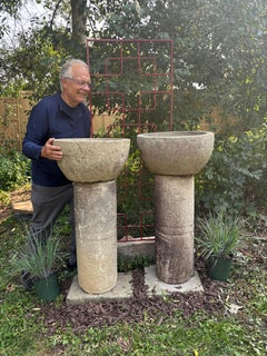 Japan Tall Pair Round Antique Stone Water Basin Planters , 44 Inches