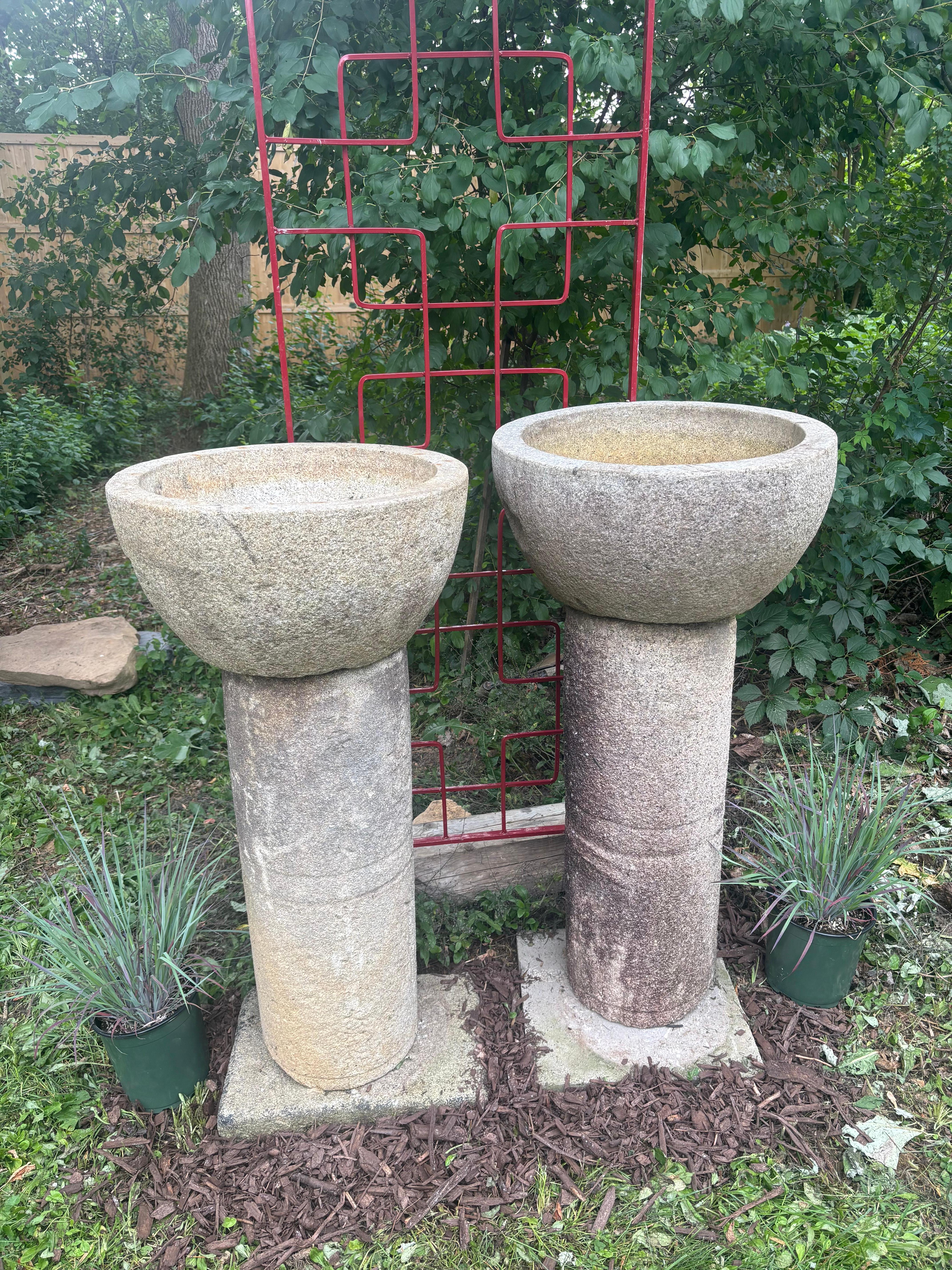 Taisho Japan Tall Pair Round Antique Stone Water Basin Planters , 44 Inches For Sale