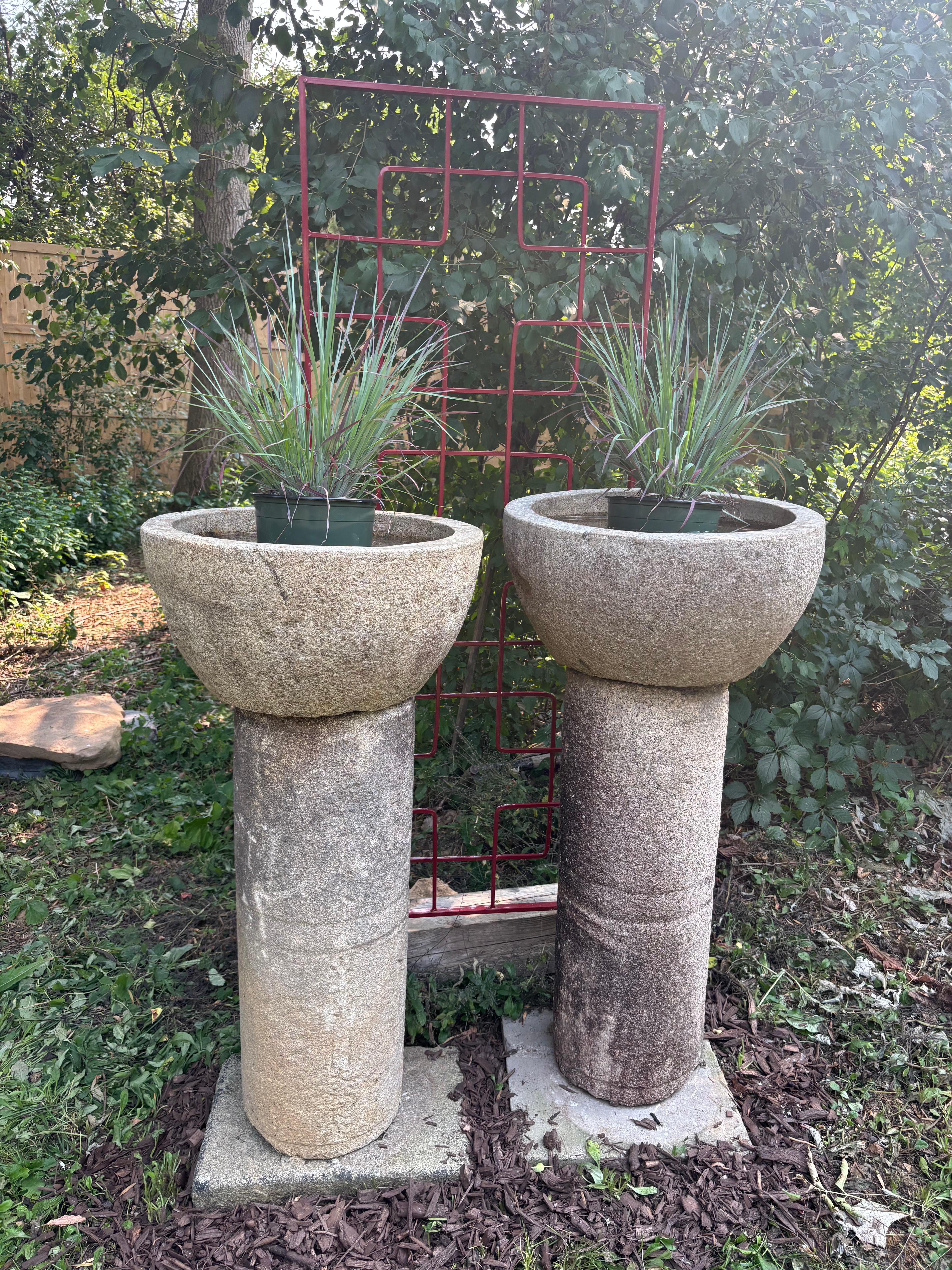Japanese Japan Tall Pair Round Antique Stone Water Basin Planters , 44 Inches For Sale