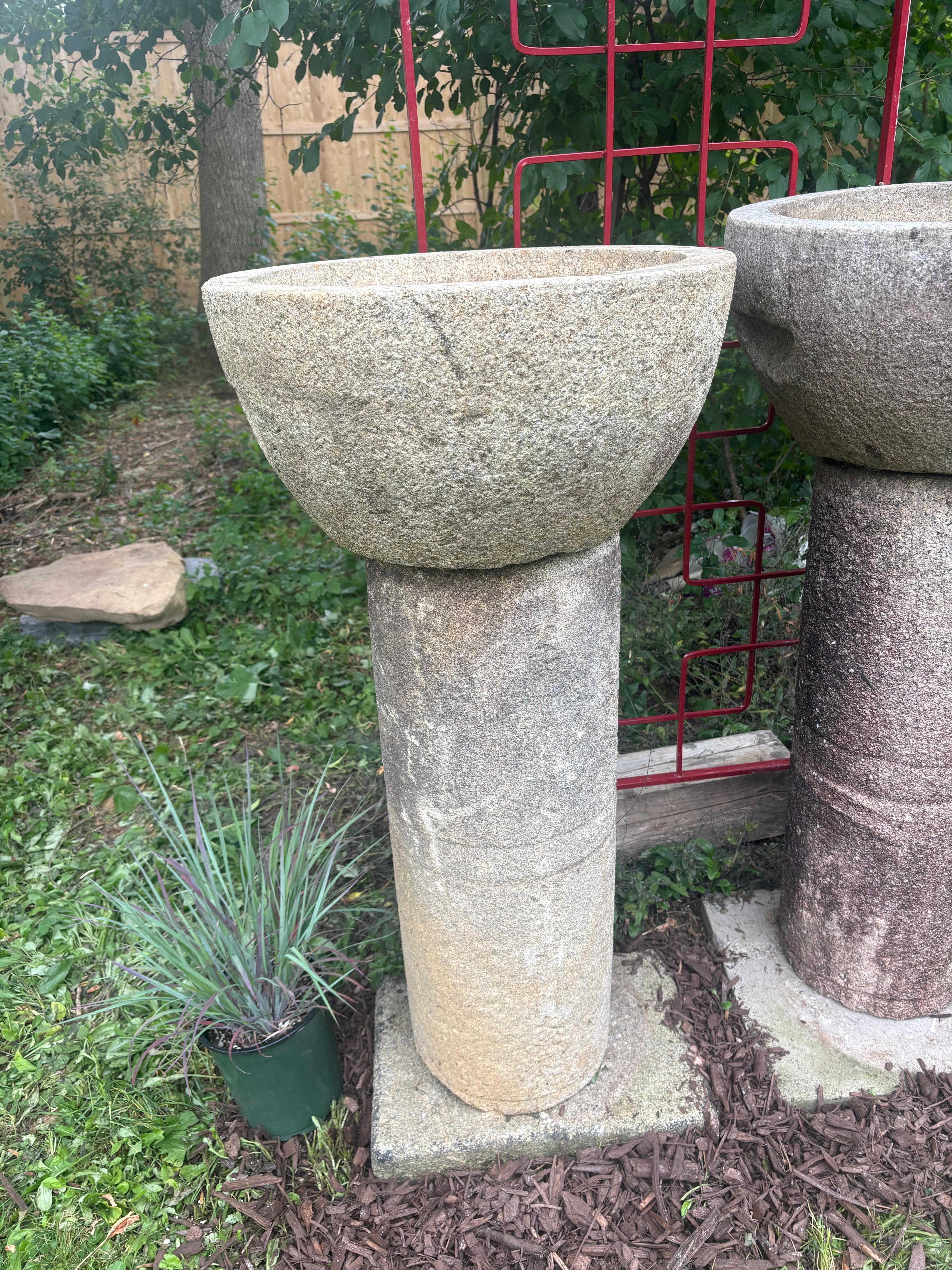 Hand-Carved Japan Tall Pair Round Antique Stone Water Basin Planters , 44 Inches For Sale