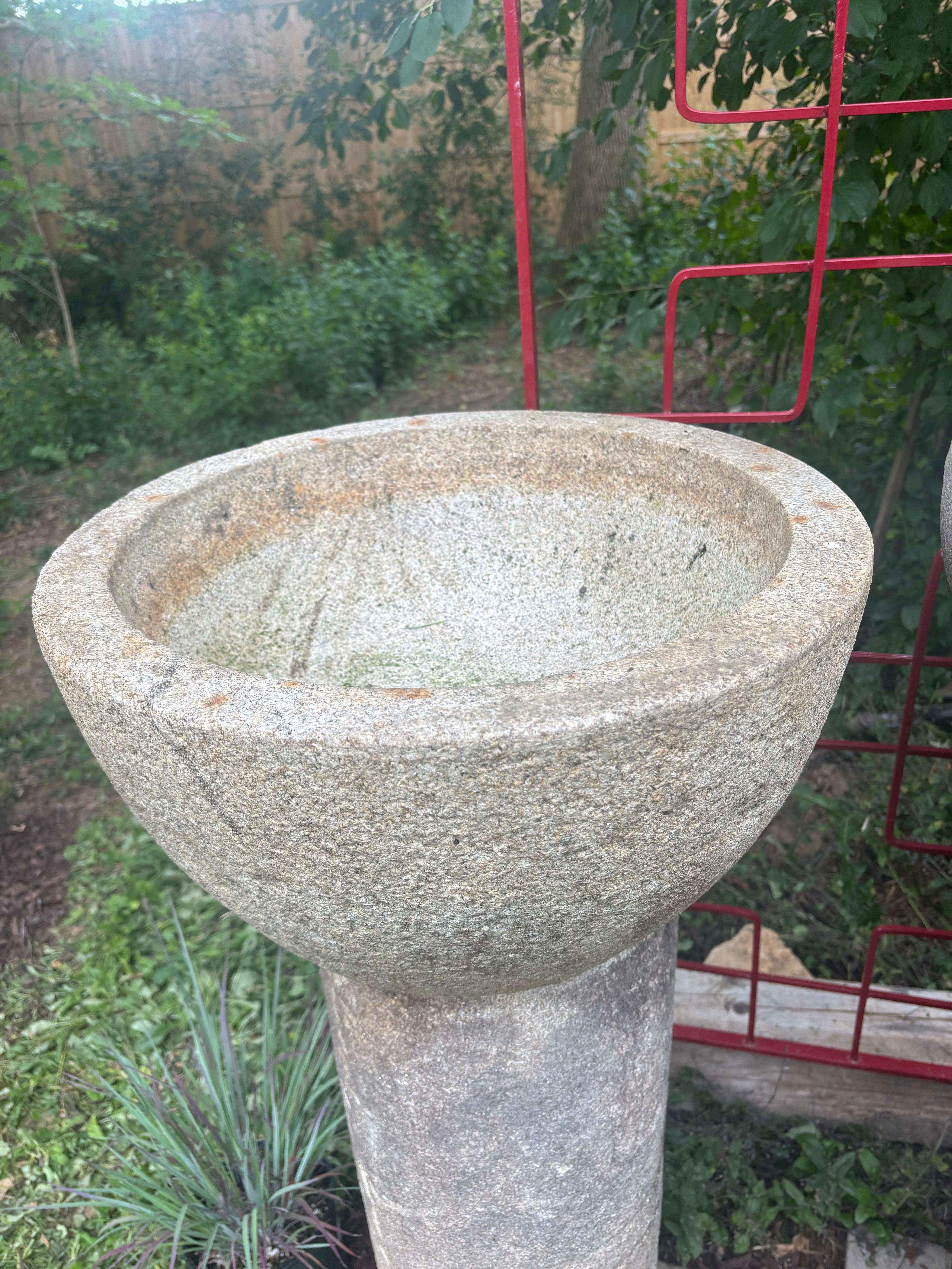 Japan Tall Pair Round Antique Stone Water Basin Planters , 44 Inches In Good Condition For Sale In South Burlington, VT