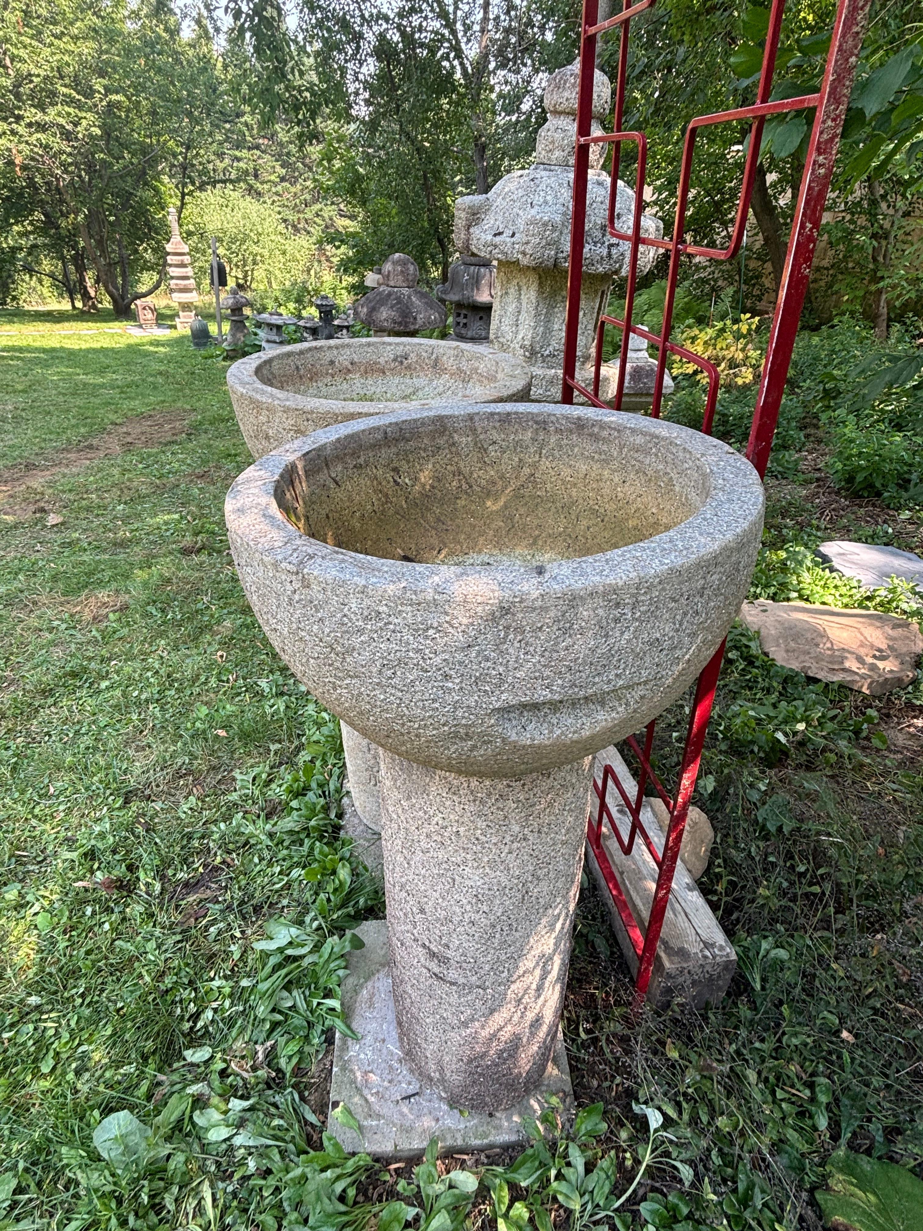 20th Century Japan Tall Pair Round Antique Stone Water Basin Planters , 44 Inches For Sale