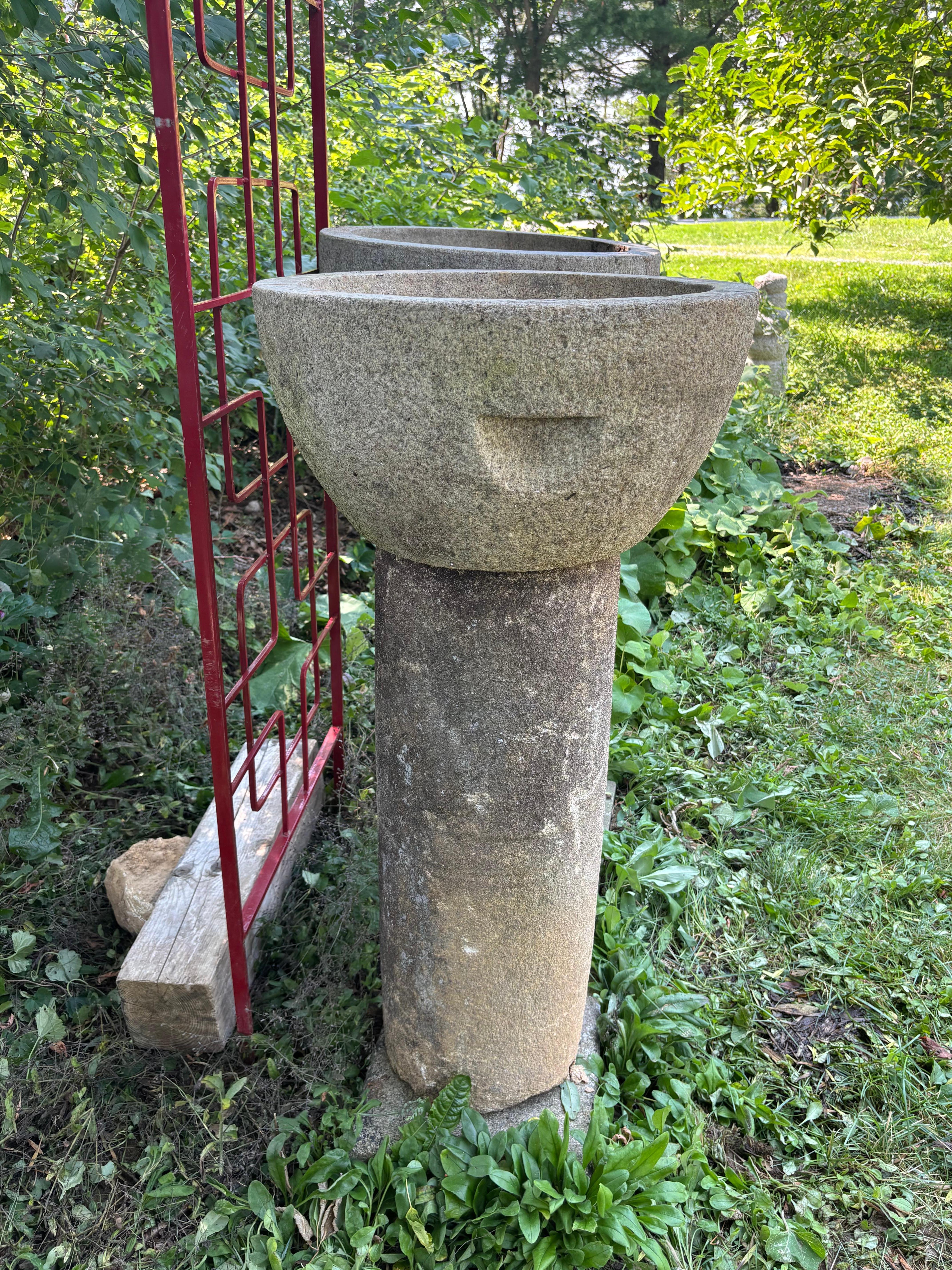 Japan Tall Pair Round Antique Stone Water Basin Planters , 44 Inches For Sale 1