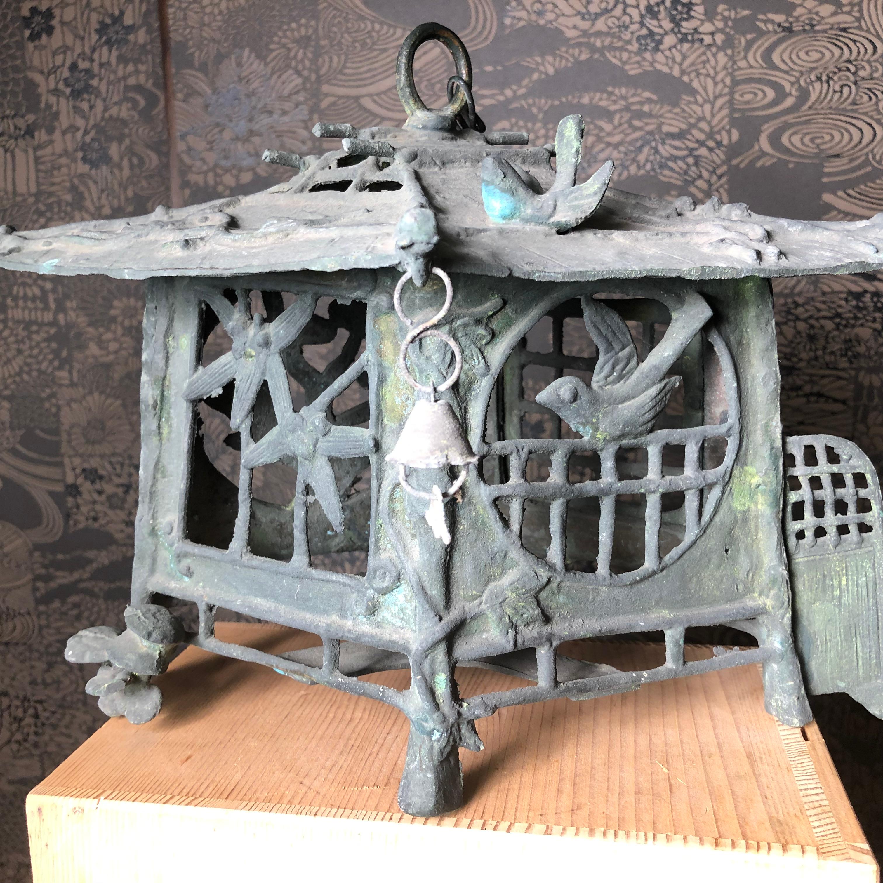 Cast Japan Tea House Bronze Birds & Dragonflies Garden Lantern, 100 Yrs Old