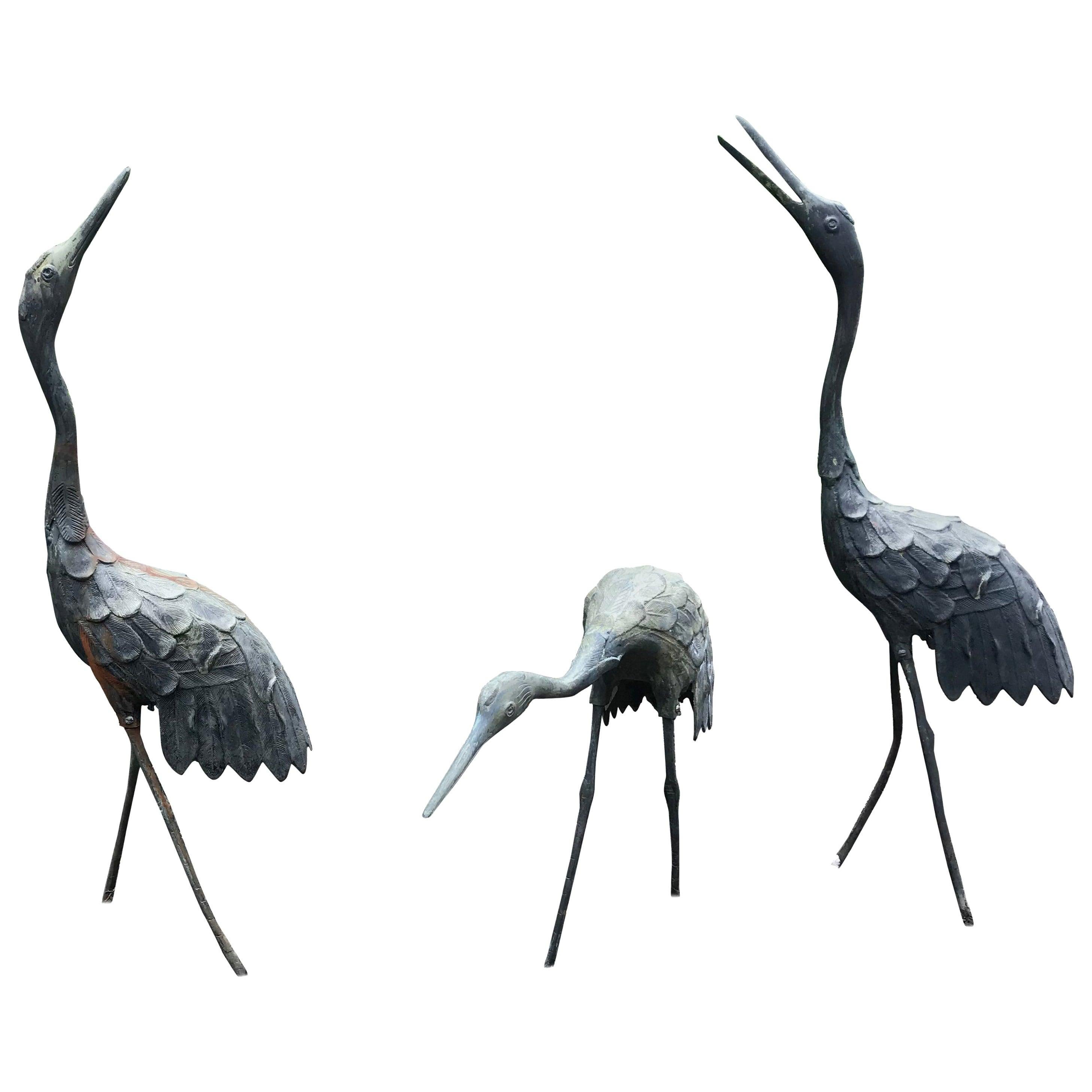 Japanese Old Bronze Cranes Complete Set Three 