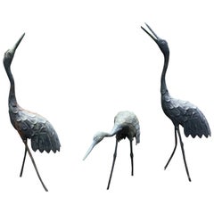 Japan Three Antique Bronze Cranes Hand Cast Beautiful Head and Feather Details