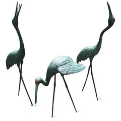 Japan Three Lg Hand Cast Bronze Cranes Beautiful Head and Feather Details, 40"