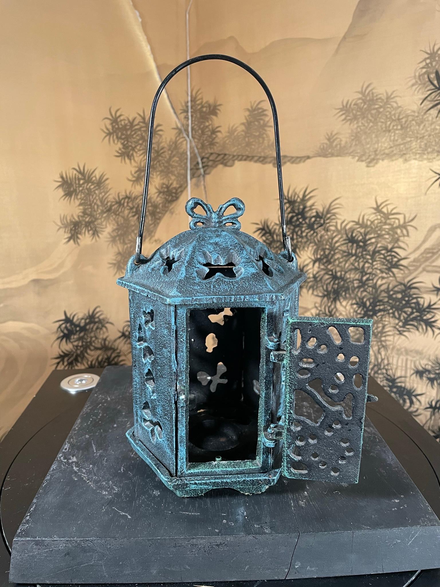 Iron Japan Vintage Beautiful Blue Flower Garden Lantern, Butterflies Galore