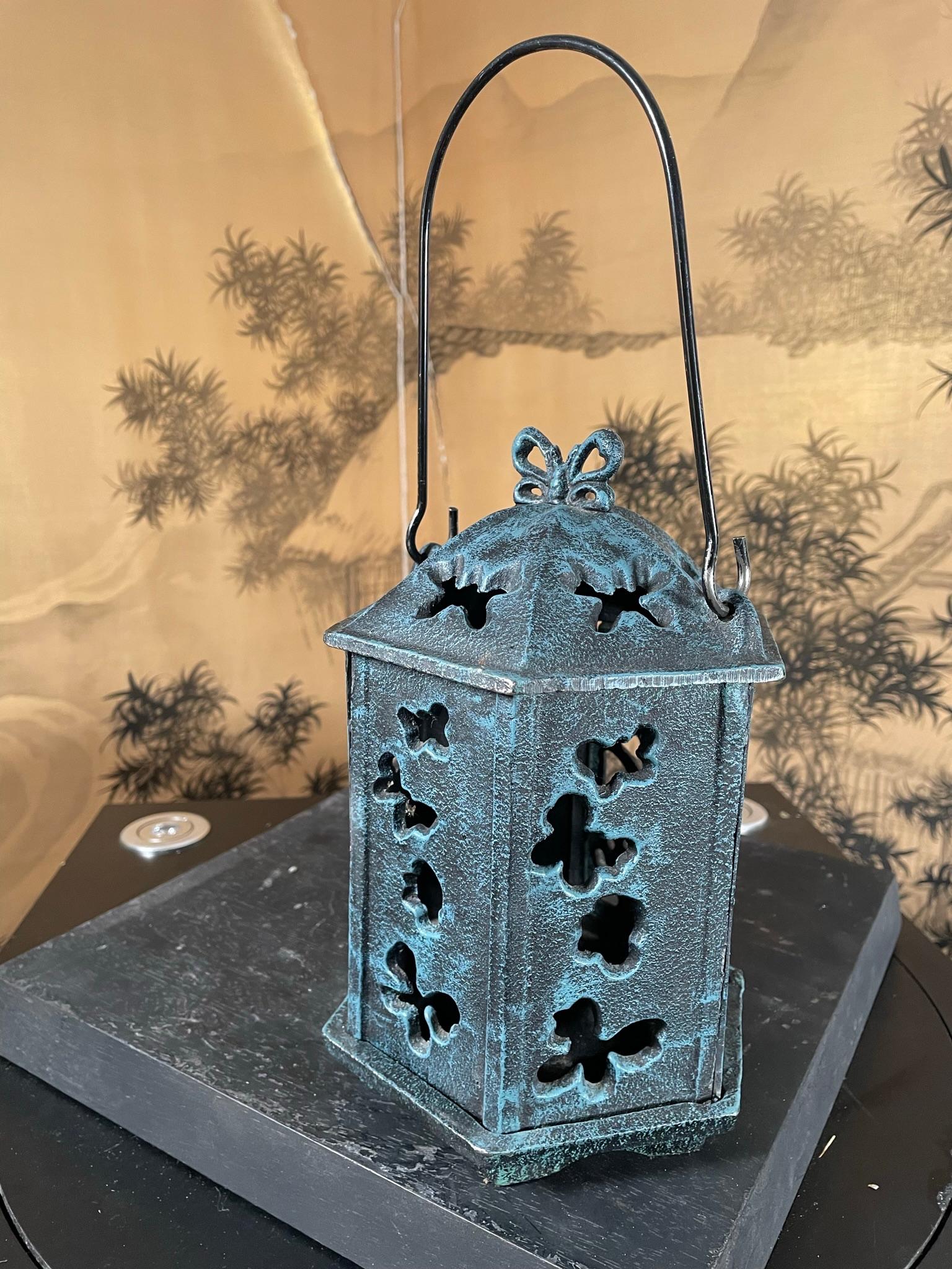 Hand-Crafted Japan Vintage Beautiful Blue Flower Garden Lantern, Butterflies Galore