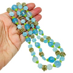 JAPAN vintage gold tone blue art glass designer necklace