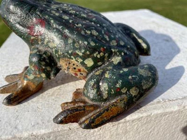 Iron Japan Vintage Hand Cast Hand Painted Frog Toad Kaeru, Original Paint For Sale