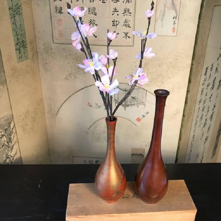 Japan Vintage Pair of Modernist Flower Bud Ikebana Bronze Vases, Signed 2