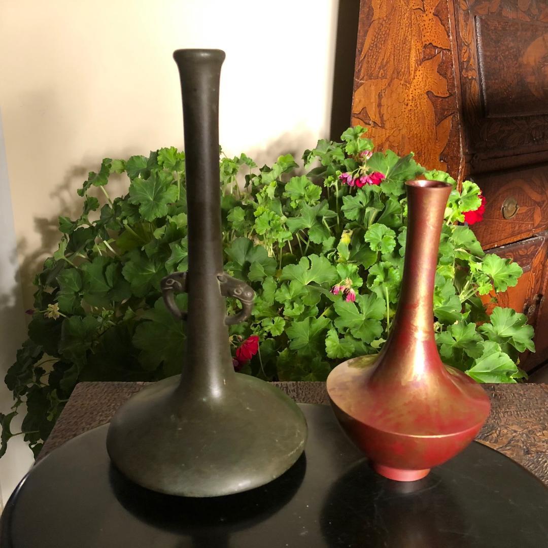 Japan Vintage Pair of Modernist Flower Bud Ikebana Bronze Vases, Signed 5