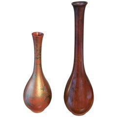 Japan Vintage Pair of Modernist Flower Bud Ikebana Bronze Vases, Signed