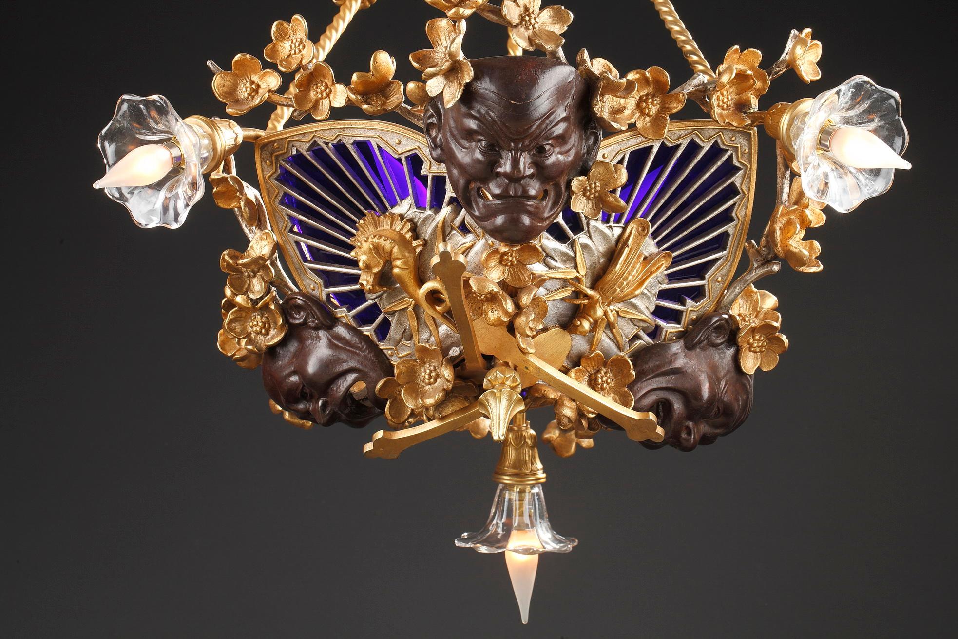 Japonisme Japanase Style Chandelier Attributed to E. Soleau, France, Circa 1900